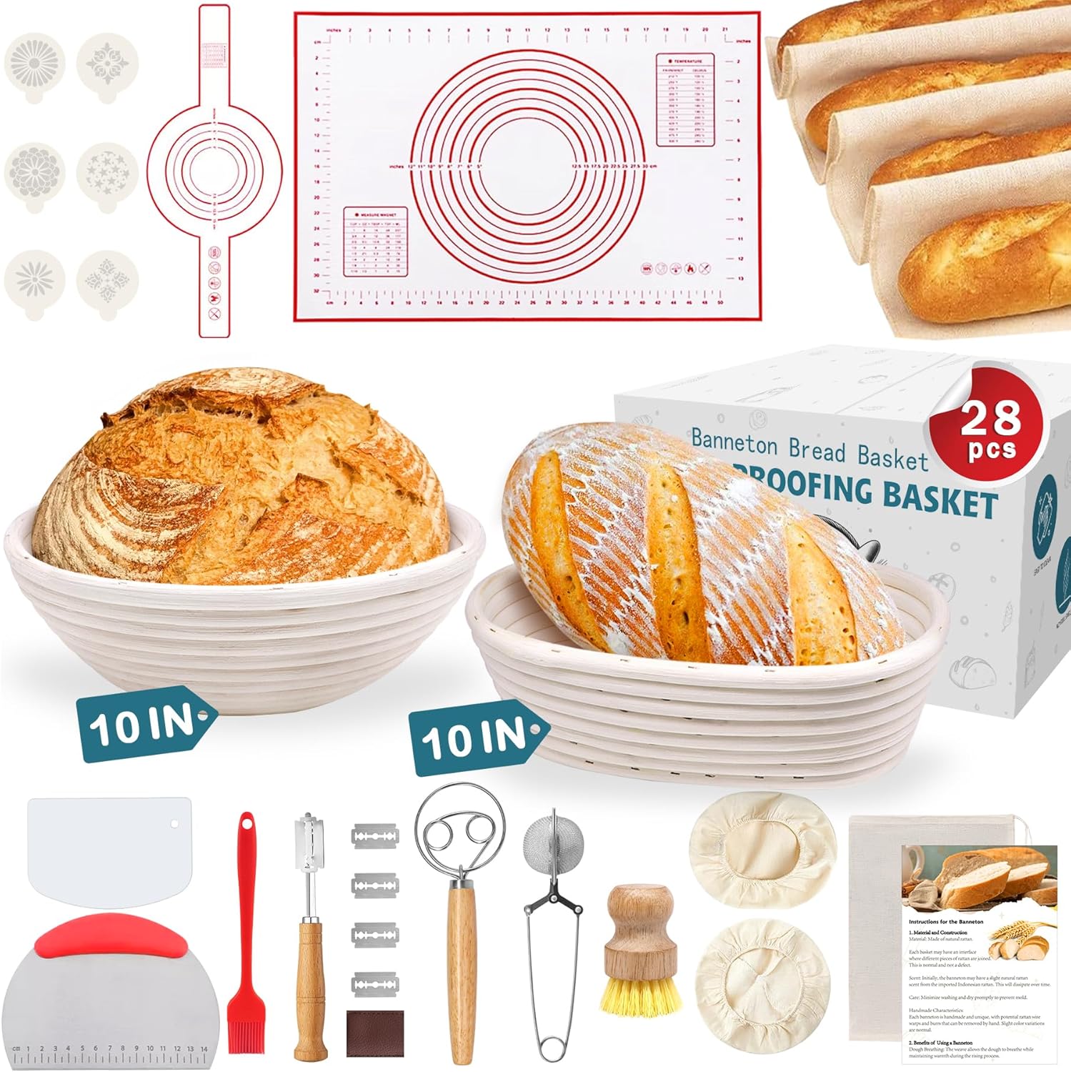 Aliggbent 38Pcs Sourdough Bread Baking Supplies – 11'' Oval & 10'' Round Cotton Rope Banneton Bread Proofing Baskets with Liners & Covers, Sourdough Starter Jar Kit, Scale, Bags & Bread Making Tools