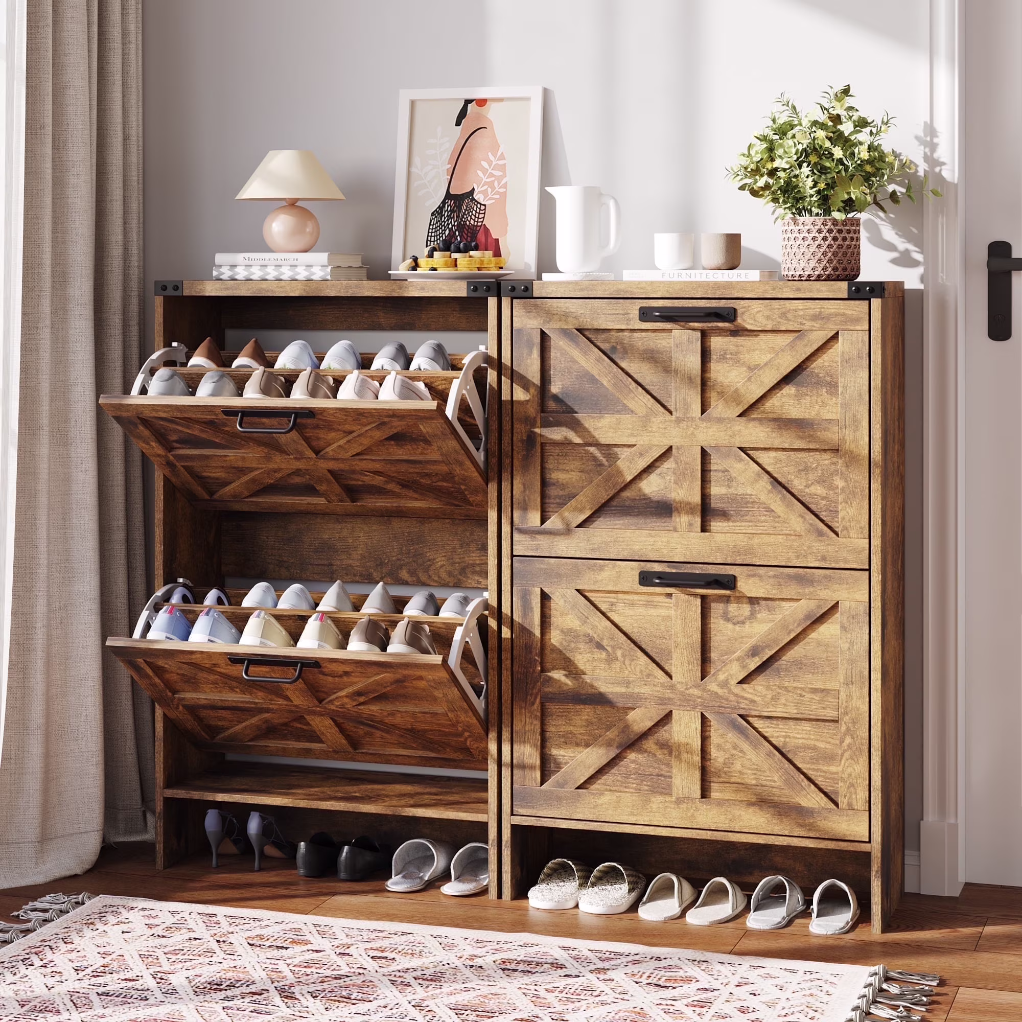 Shoes Storage Cabinet With Doors, Farmhouse Shoe Cabinet With 2 Flip Drawers For Entryway,Gray(White) - Image 3