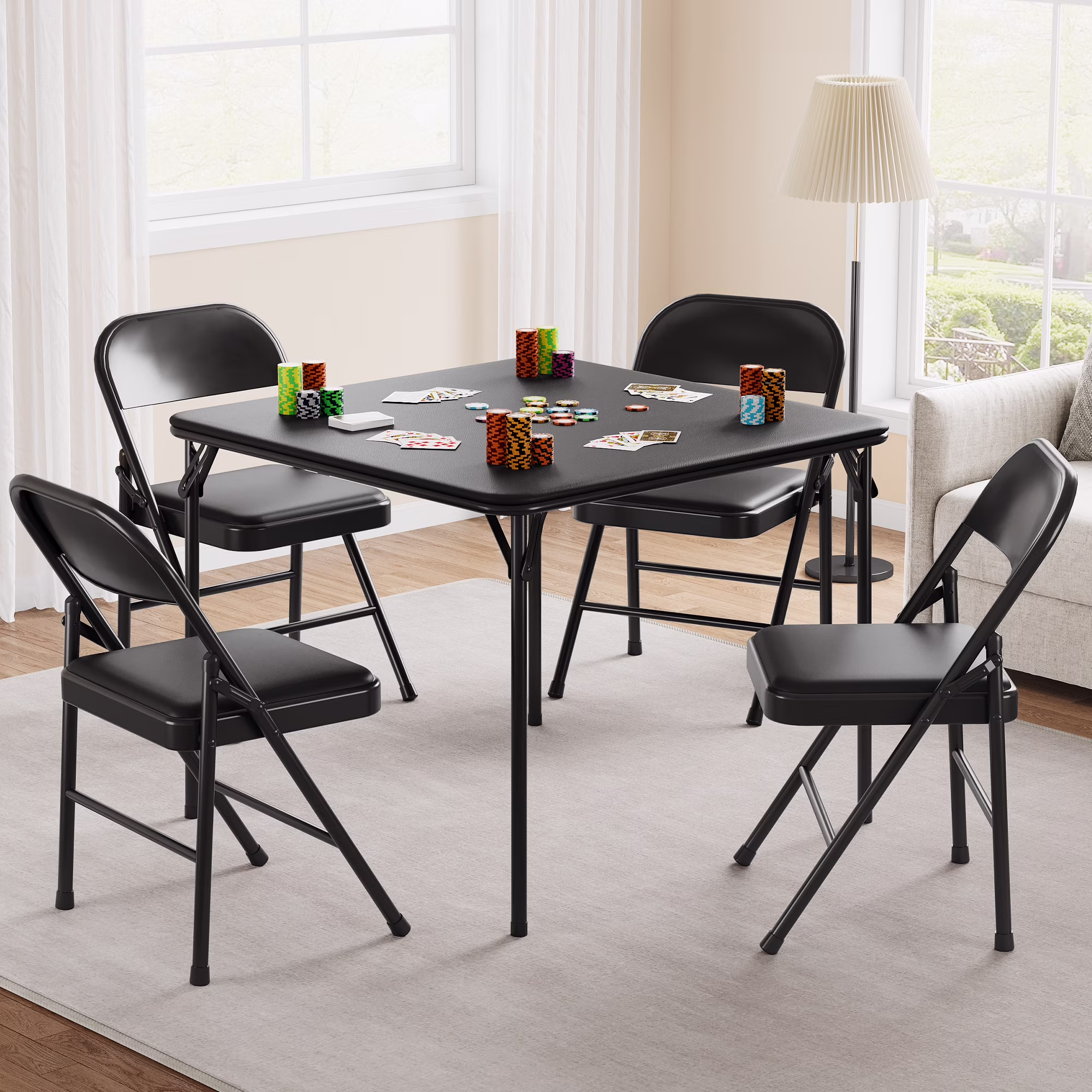 Luku Folding Chairs, Portable Card Chair, Metal Frame, PU Soft Cushion for Dining, Living, Office(4-Pack PU Cushion Chairs/Beige)