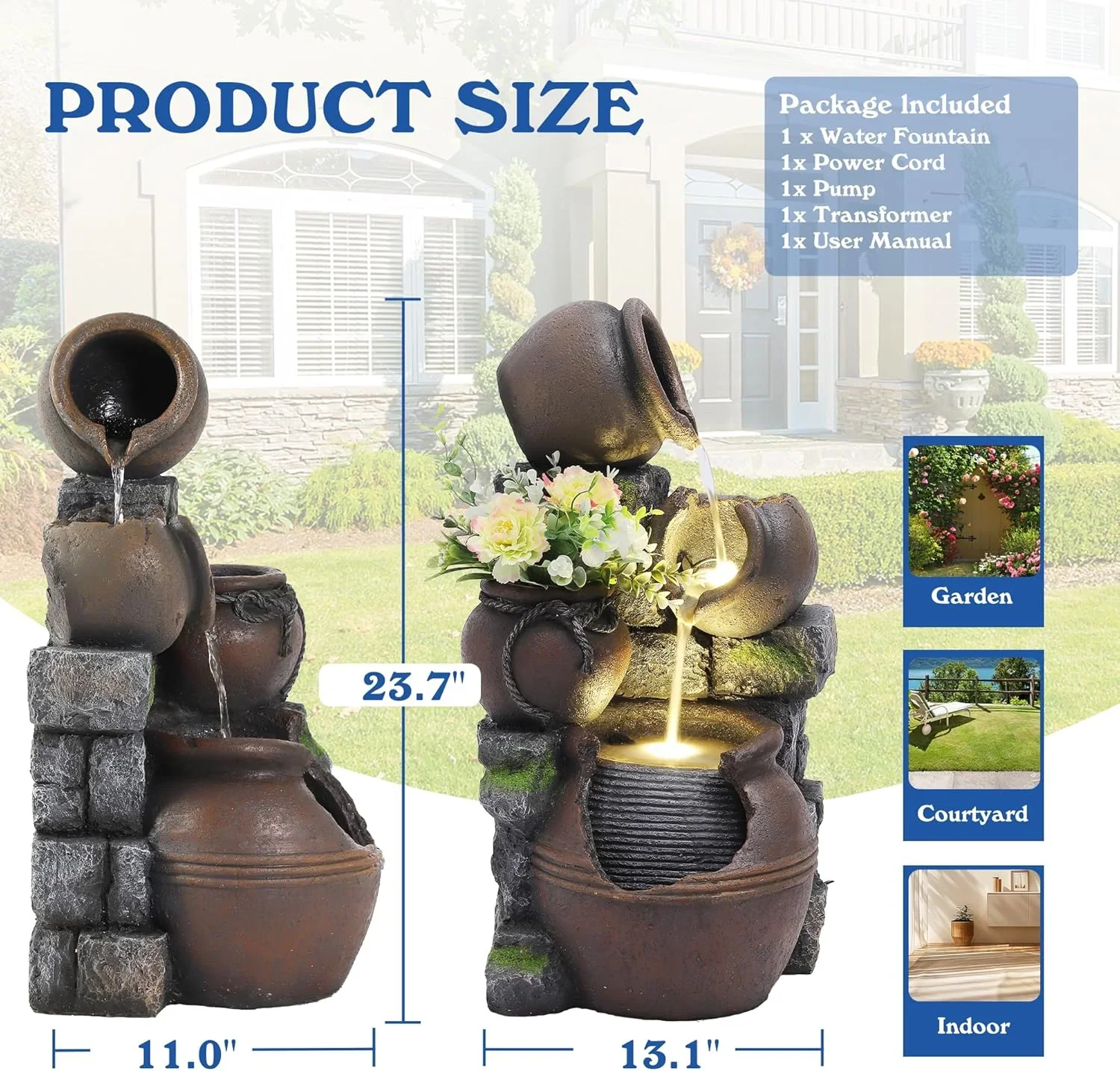 4 Cascading Jugs Outdoor Fountain and Waterfalls, 3 Tiered Resin Pitchers Pot Floor Standing Water Fountain with Led Lights Pump, Soothing Tranquility Water Fountains for Home Garden Yard, 24H