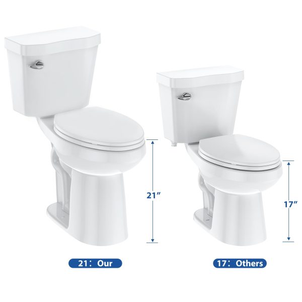 Toilettes allongées 21Toilet pour salles de bains, WC deux pièces avec abattant à fermeture ralentie, chasse d'eau siphonique de 1,28 po, hauteur universelle conforme aux normes ADA, blanc coton