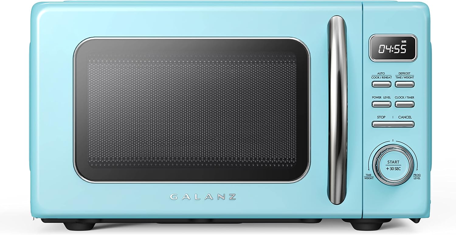 Galanz GLCMKZ07RDR07 Retro Countertop Microwave Oven with Auto Cook & Reheat, Defrost, Quick Start Functions, Easy Clean with Glass Turntable, Pull Handle. 7 cu ft, Red