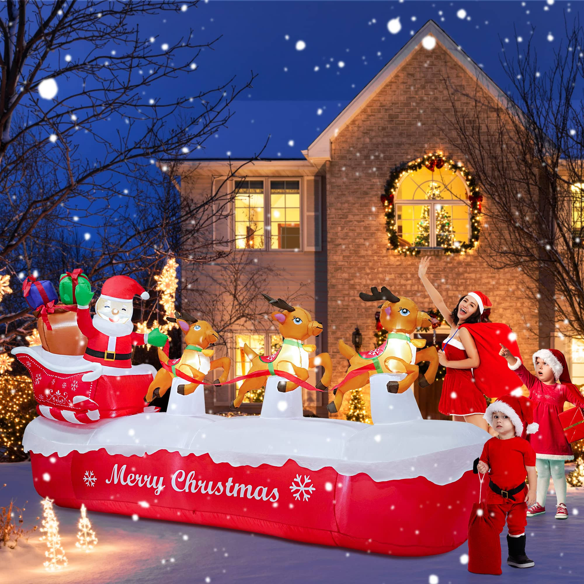COOLWUFAN 10 ft Christmas Inflatables Outdoor Decorations Santa Claus on The Sleigh with Cute Elks, Blow Up Inflatable Yard Decoration Clearance