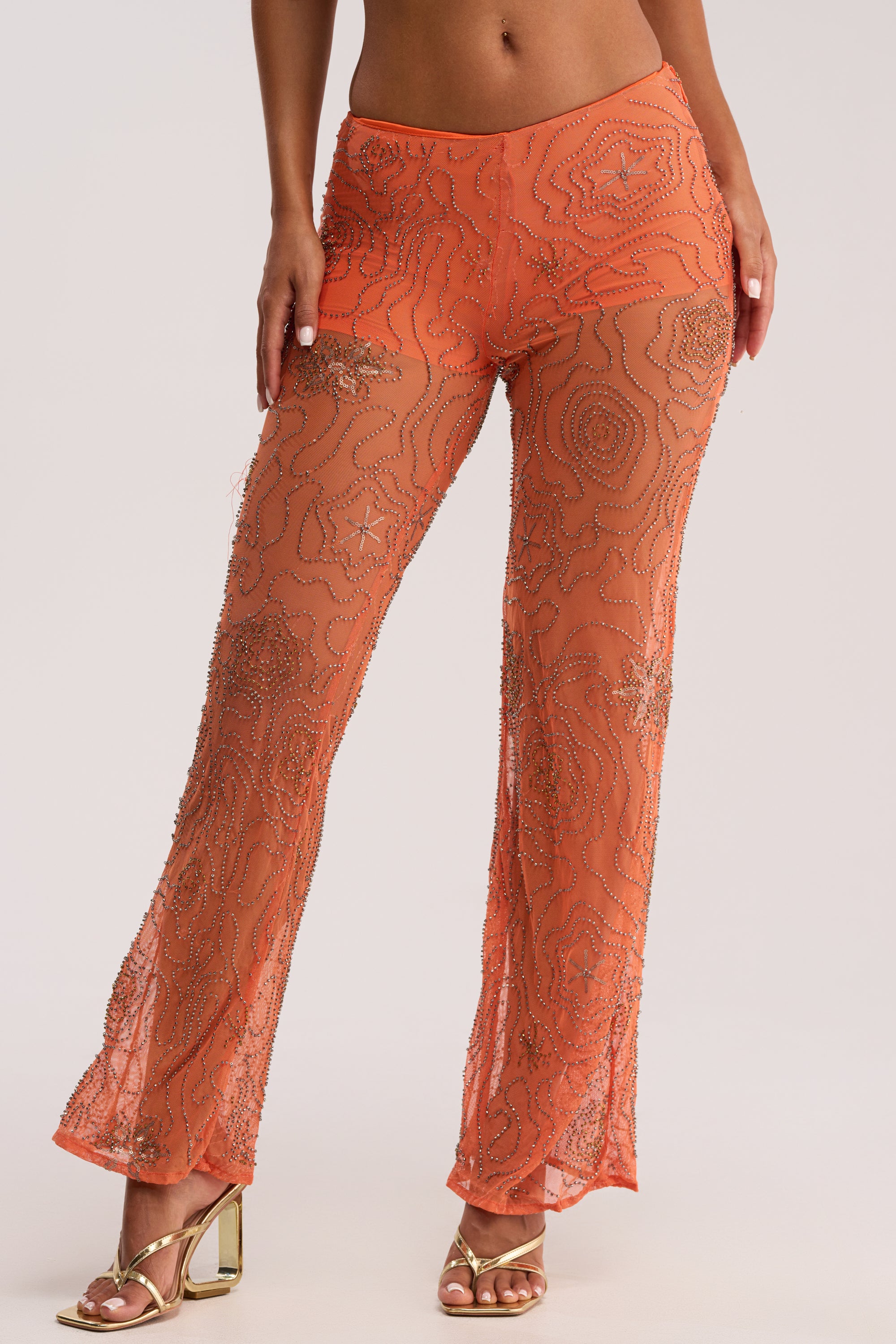 KATE EMBELLISHED MESH PANT IN ORANGE - Akira Store