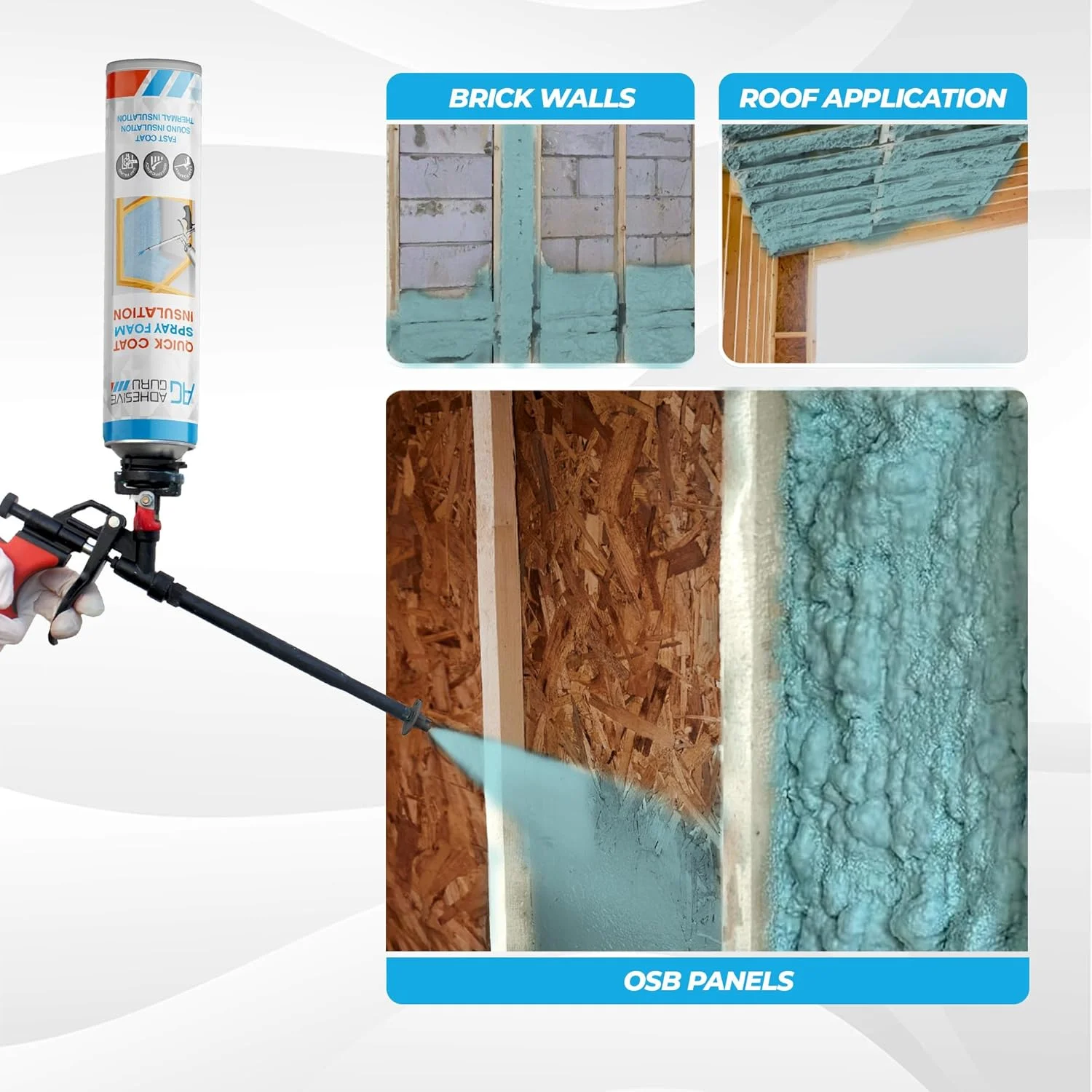 Adhesive Guru Spray Foam Insulation Kit (18 x 32.80 oz/930 Gr - 360 Board Feet), Self - Expanding Adhesive Foam, Closed Cell Heat Insulation & Acustic Spray with Cleaner and Dispensing Gun - 18 Pack