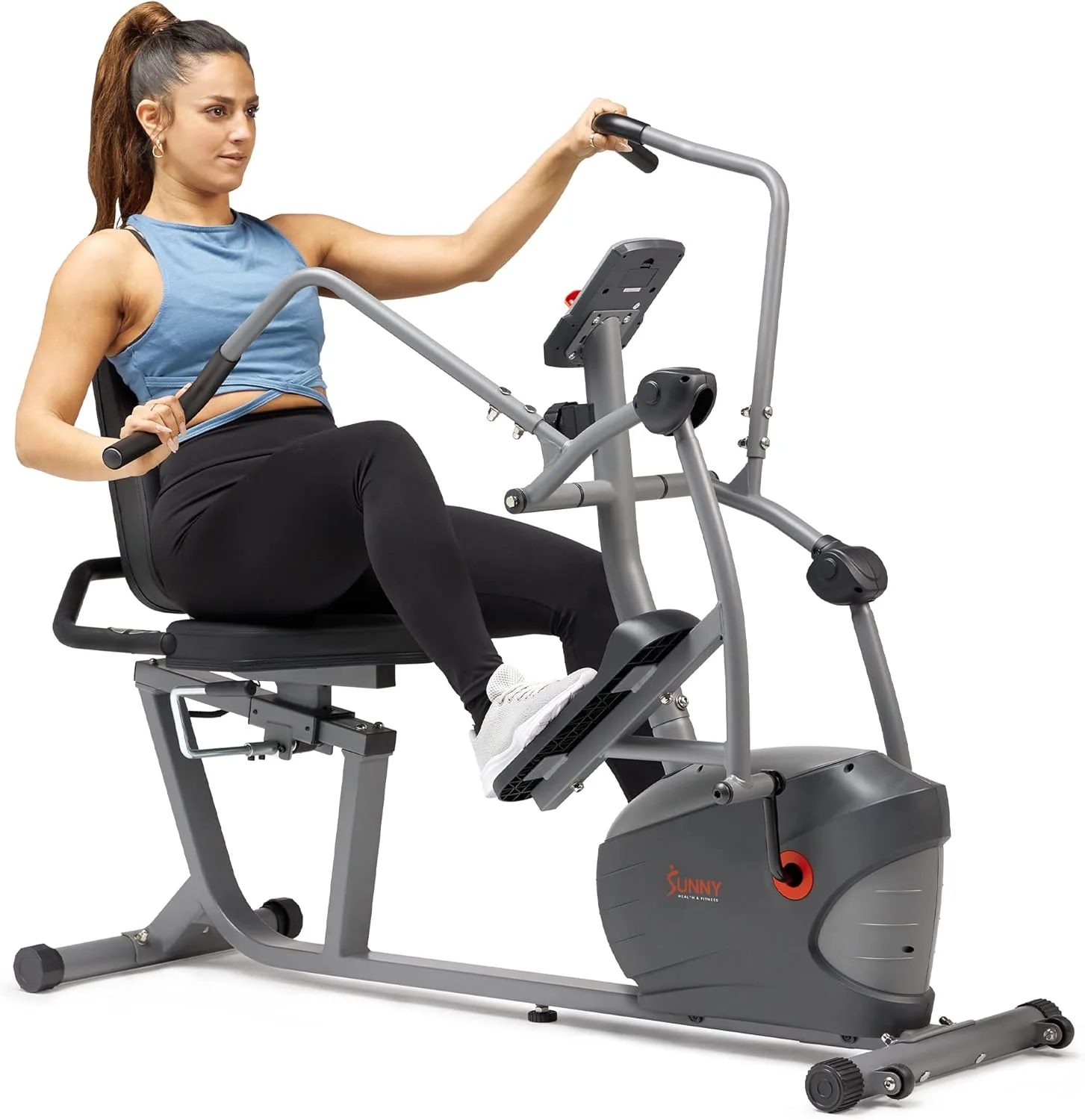 Vélo couché intelligent Sunny Health & Fitness, entraînement complet du corps à domicile avec appareils de musculation pour les bras et les jambes