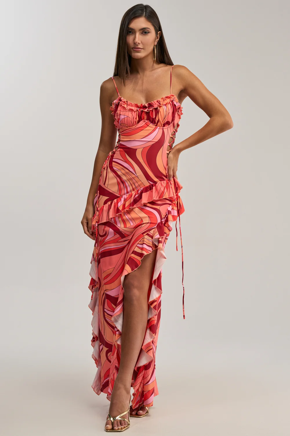 HANDLE WITH CARE ABSTRACT MIDI DRESS IN ORANGE - Akira Store