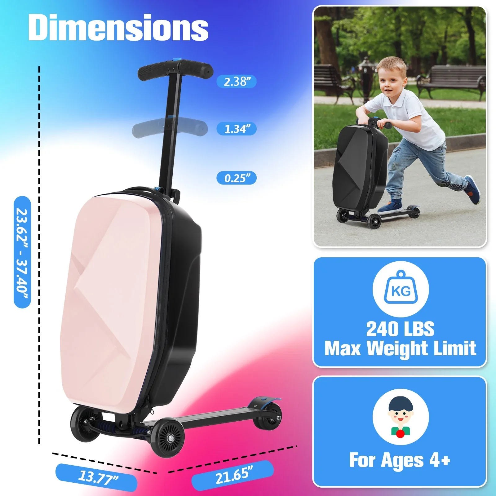 Advwin Scooter Luggage for Kids & Adults, Hardside Ride on Suitcase for Kids Ages 4-15 Multifunctional Lightweight Foldable Carry on Luggage with Wheels Ride on for Children Teenagers, Pink