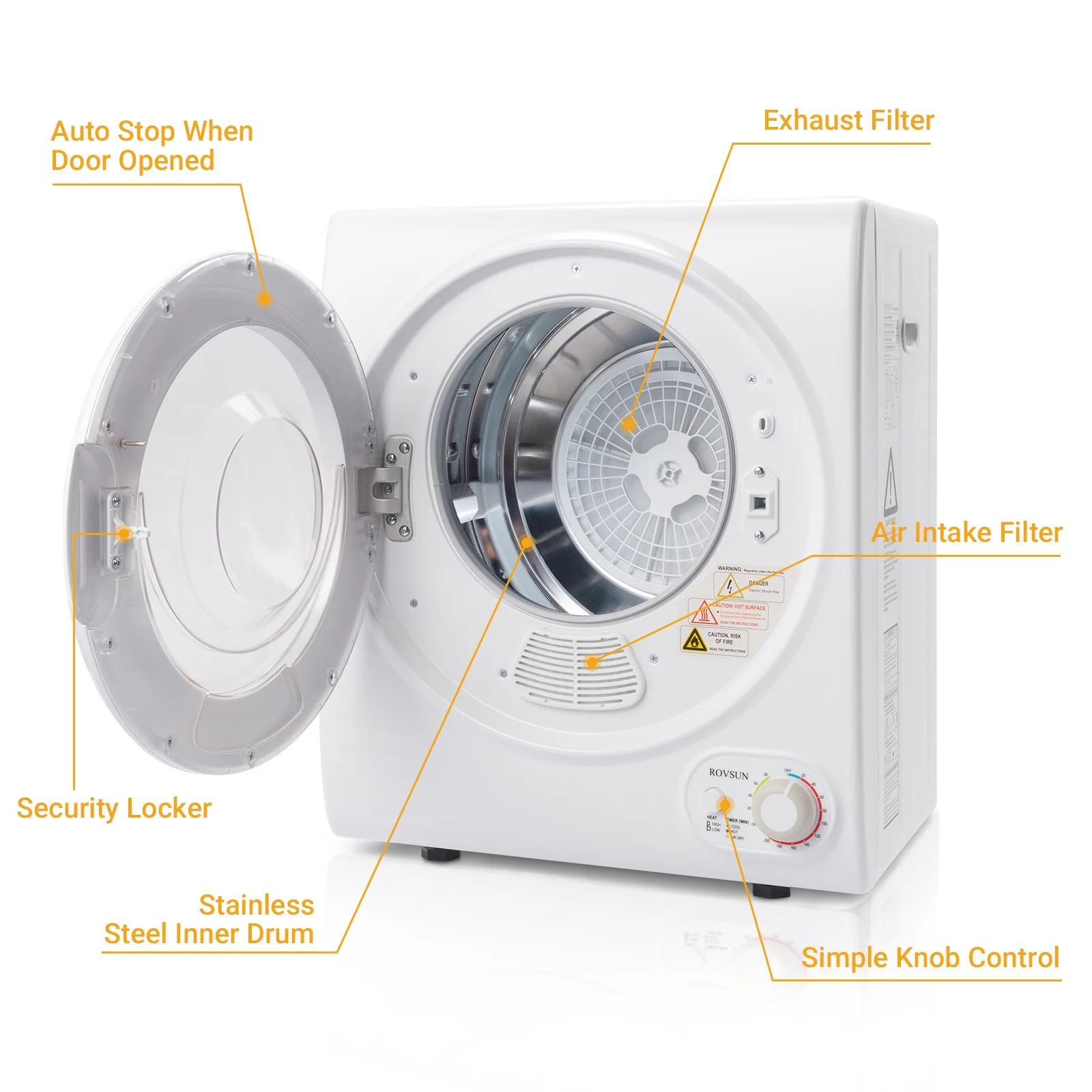 RovSun 110V White Stainless Steel Electric Tumble Dryer(Classic Knob Control)