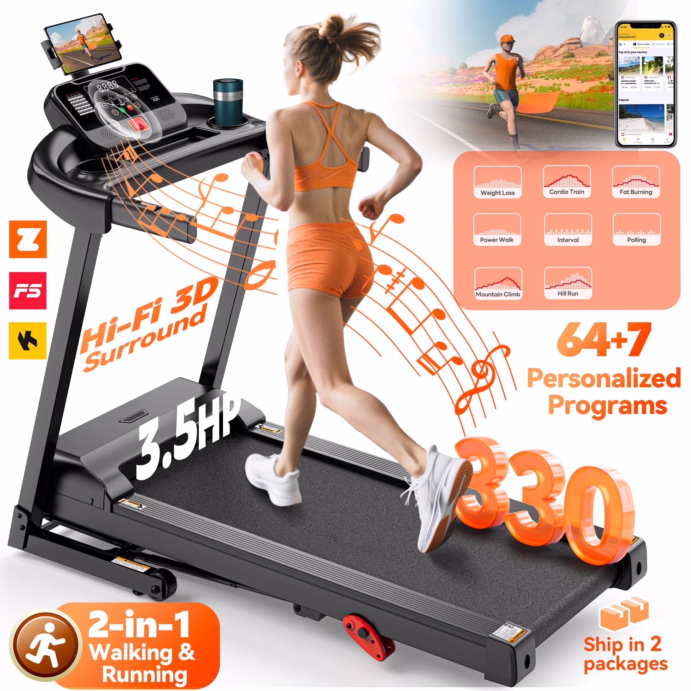 Folding Treadmill w/ Incline, 3.5HP Treadmill for Home w/330lbs Capacity, 71 Programs