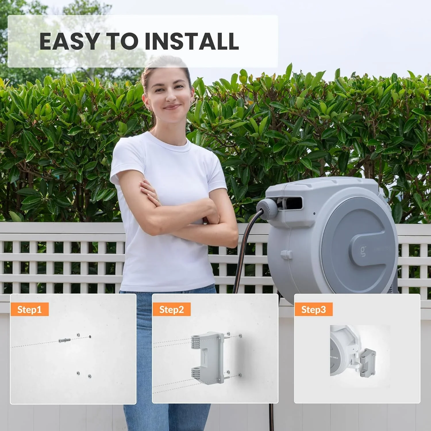Giraffe Tools Retractable Garden Hose Reel with 1/2in-100ft Water Hose, Plastic Bracket, Wall Mounted, Dark Grey