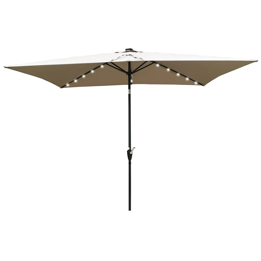 10 x 6.5t Patio Umbrella,Rectangular Picnic Table Umbrella,6-8 Chairs Tilt Umbrella with 26 LED Lights,Waterproof Umbrella Sunshade with Crank and Push Button Tilt for Garden Backyard Pool,Mushroom