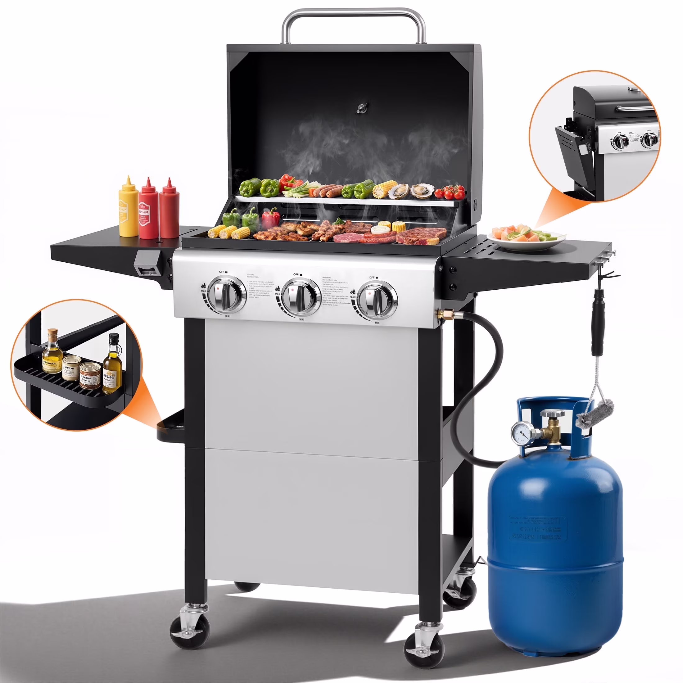 3 Burner Propane Gas Grill, 40,000BTU Stainless Steel BBQ Grill with Brush, Built-in Thermometer, 4 Universal Wheels for Outdoor Cooking Patio Backyard(40010) - Image 3