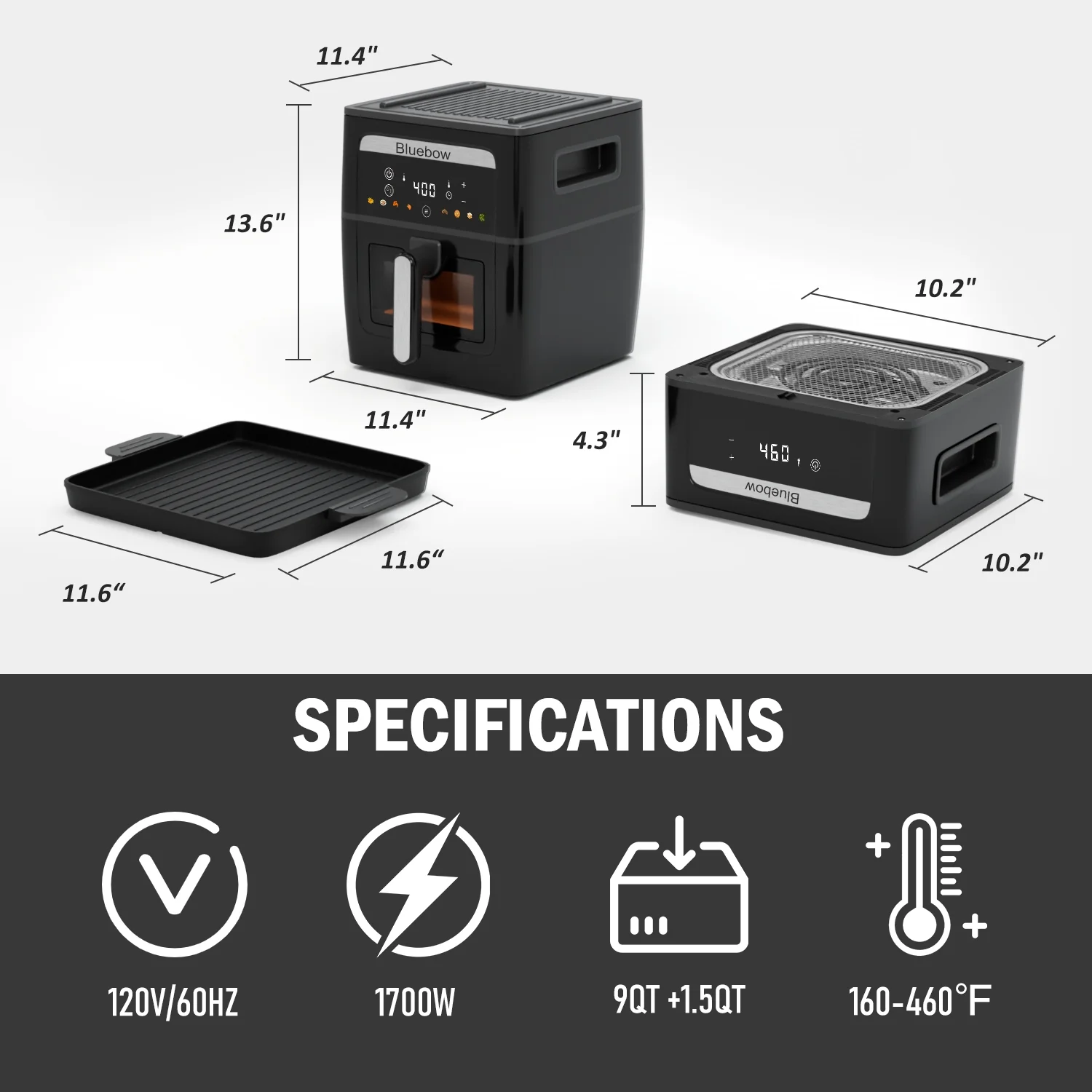 Bluebow 9QT Air Fryer & Grill Pan Combo, Large Capacity, 8 Preset Functions, Non Toxic, Non - Stick, View Window, Black