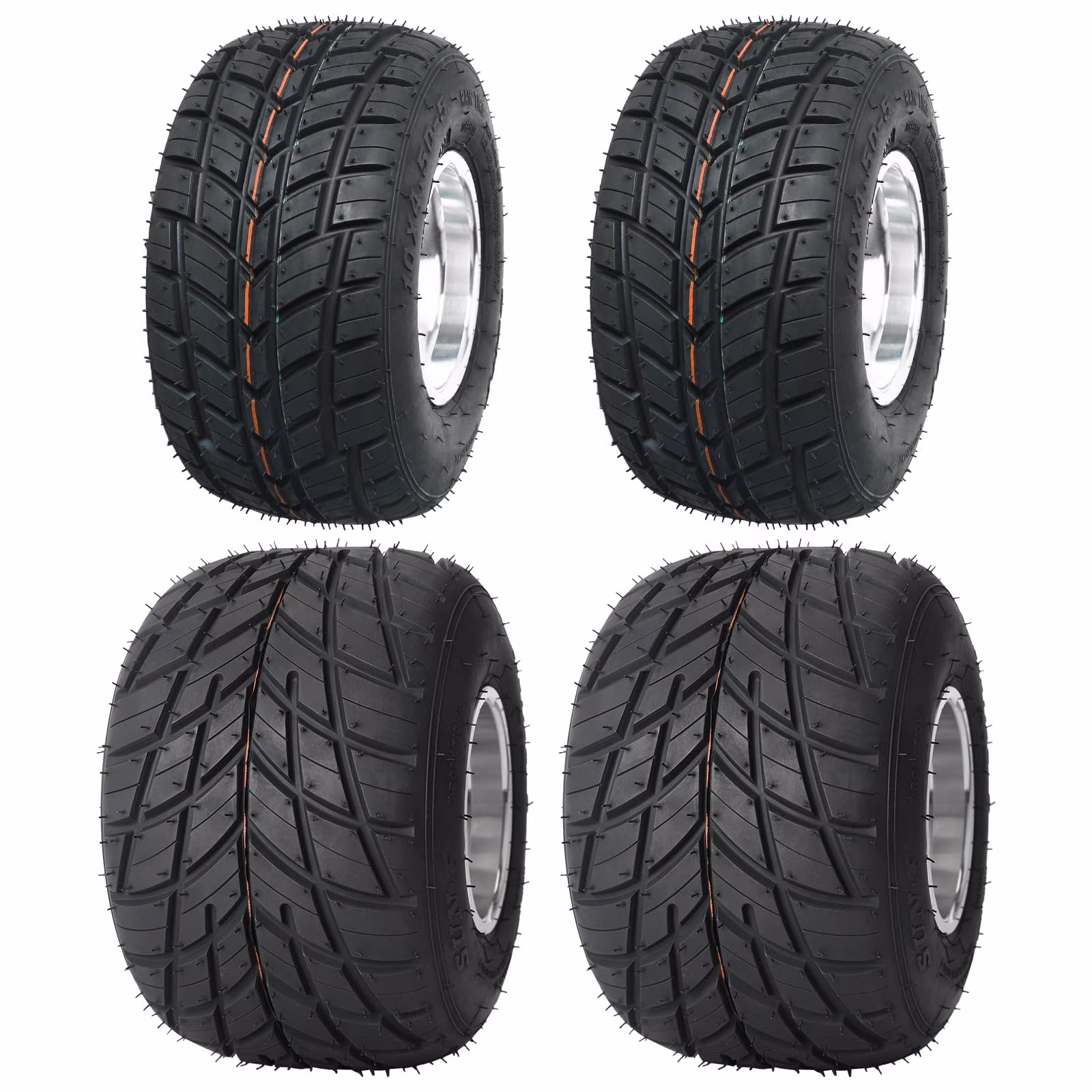 Set 4 Go Kart Tires and Rims, 10x4.50 - 5 Front Tubeless Tires Rims, 11x7.10 - 5 Rear Tires Rims, Go Cart Wheels and Tires Fit Bolt Pattern 58 Mm with 3 Holes Drift Trike, Buggy Lawn Mower