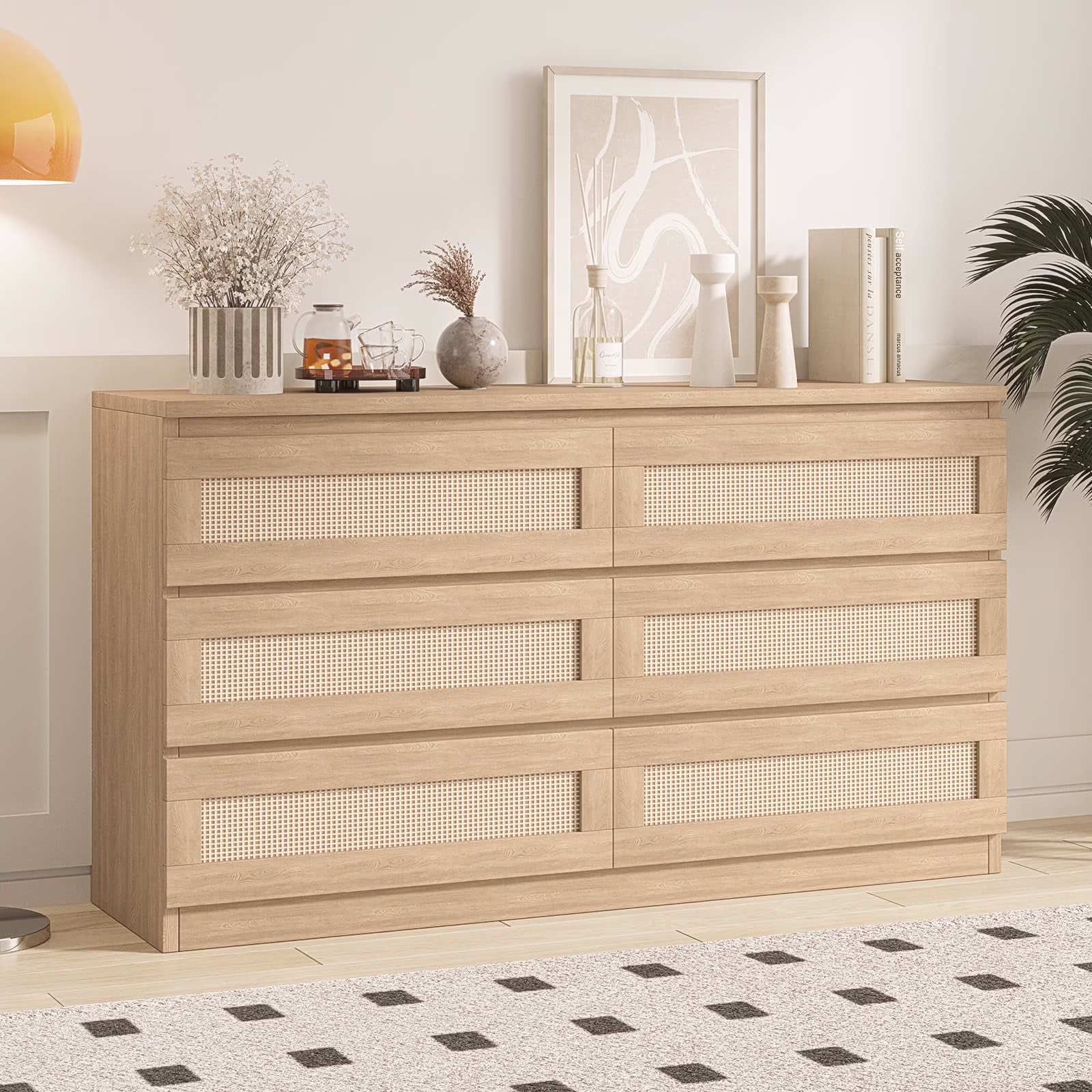 Garvee Rattan Dresser for Bedroom 6 Drawer, Double Dresser with Anti - Tip Kit, Wood Storage Wide Chest of Drawers for Bedroom, Living Room, Hallway, Oak Color