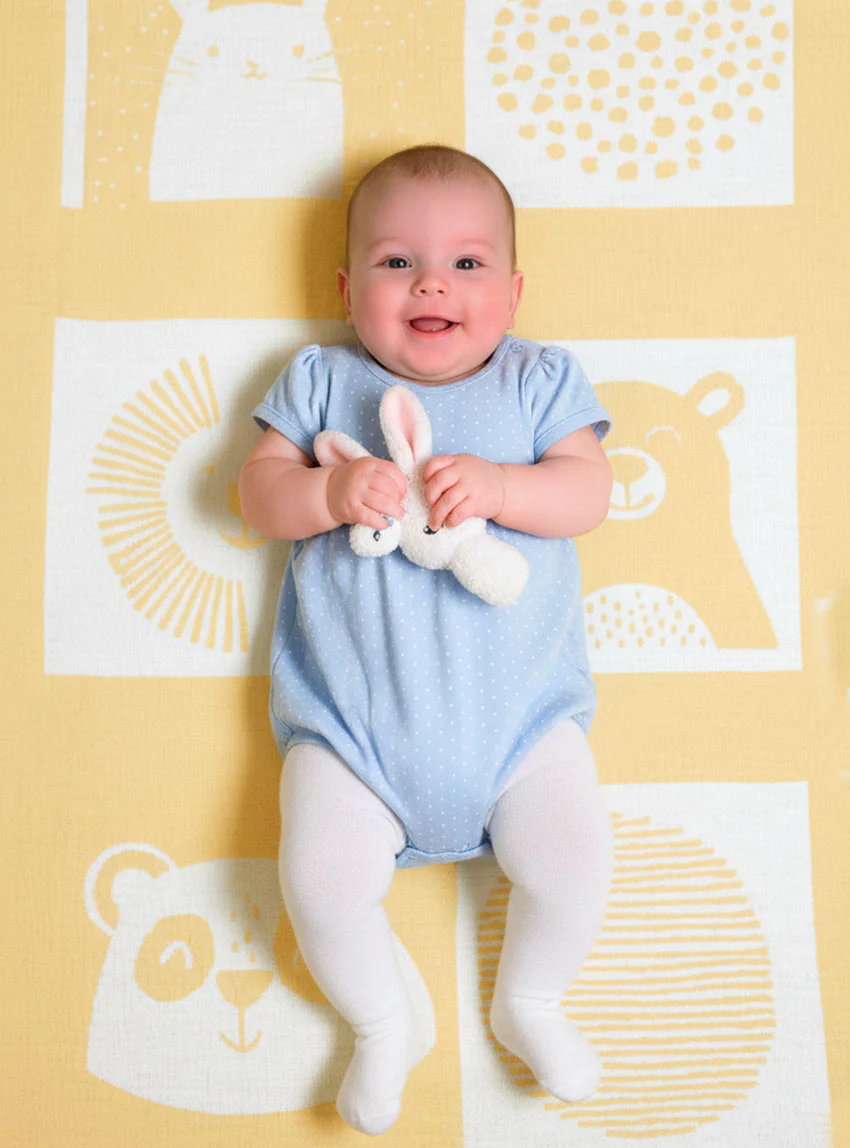 Plaid bébé laine mérinos motif animaux jaune léger