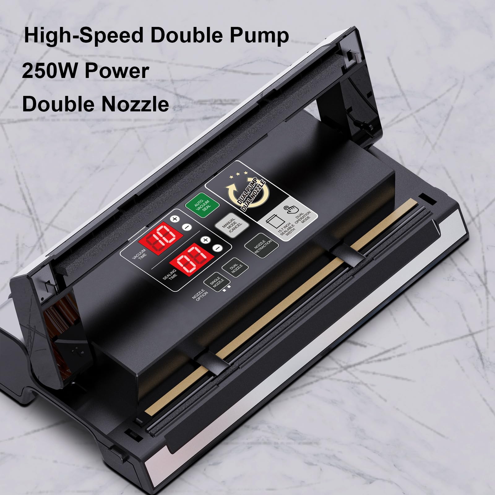 16-Inch Nozzle Vacuum Sealer for Food Storage - Works with Mylar & Smooth/Non-Textured Bags, No Textured Bags Needed, 250W, 8mm Extra-Wide Seal - MS180