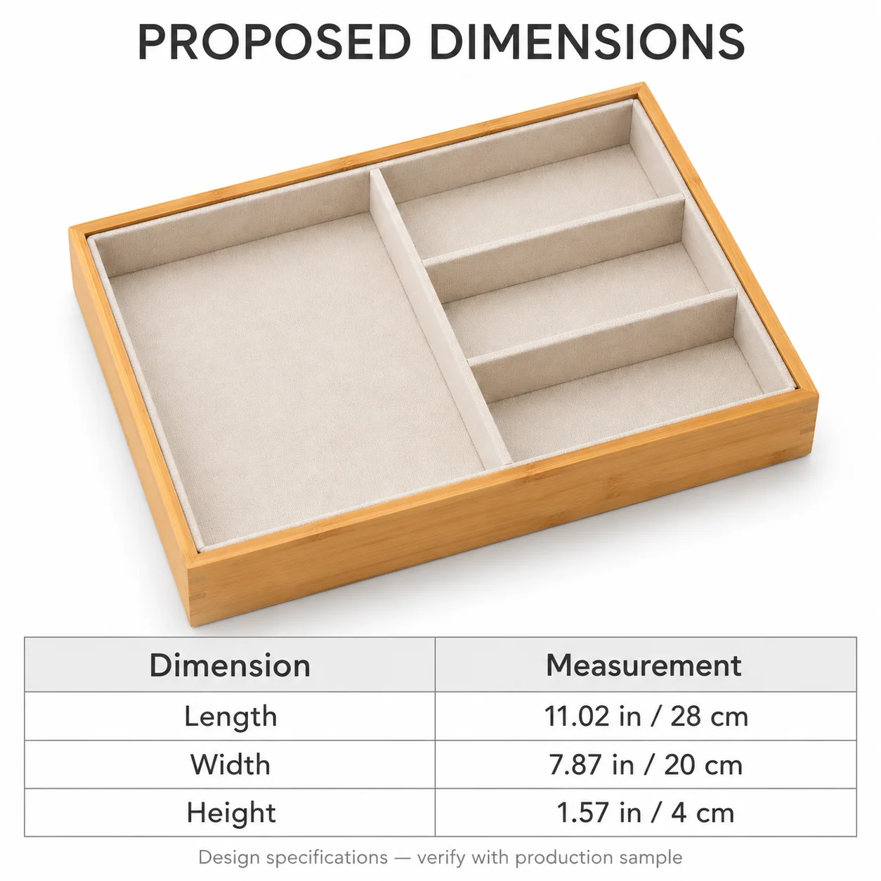 Bamboo Jewelry Drawer Tray with Removable Liner