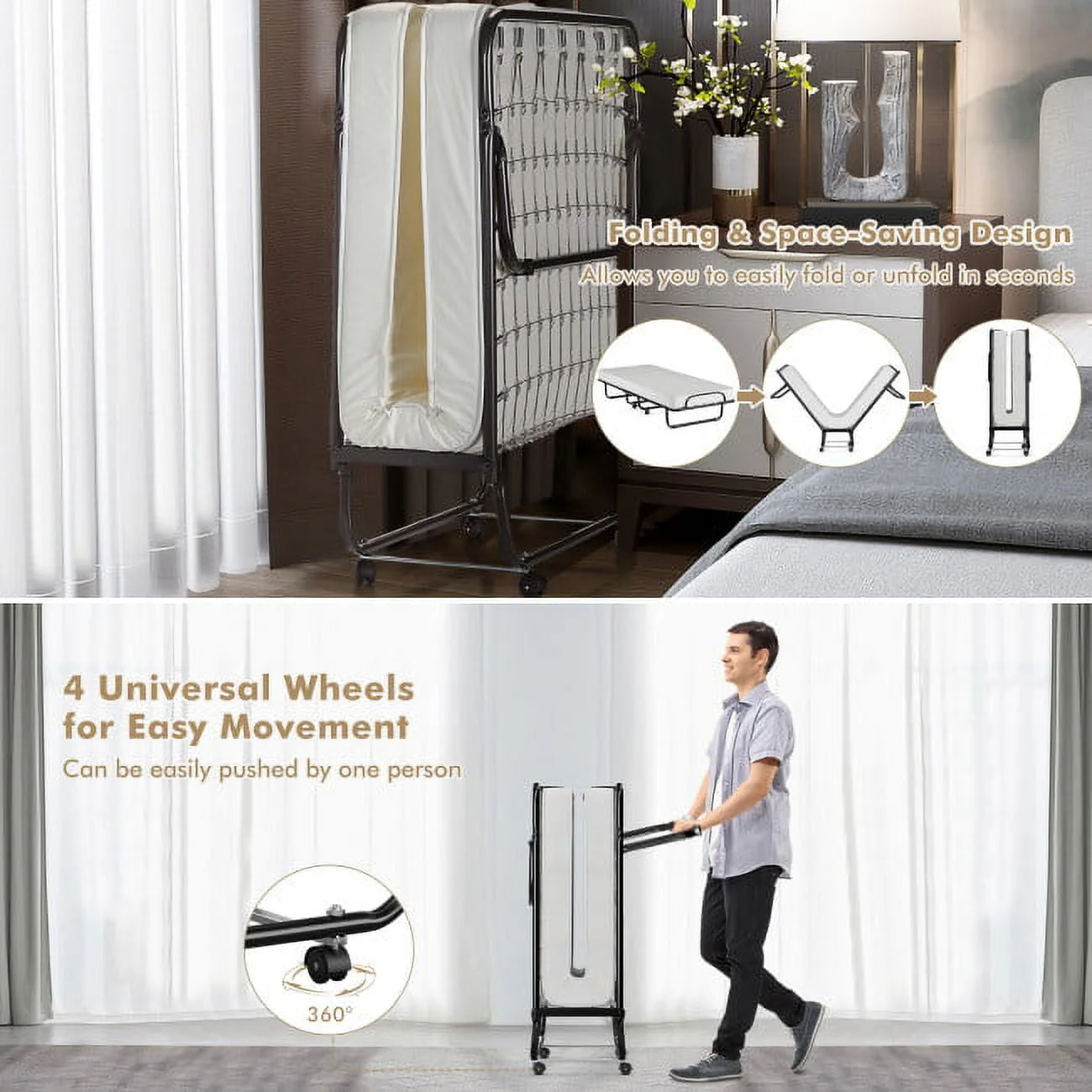 75" x 31" x 13" Folding Bed with Mattress, Rollaway Bed Metal Frame on Wheels, Portable Foldable Guest Bed for Adults, Cot Size Fold up Bed with Memory Foam Mattress - Image 2