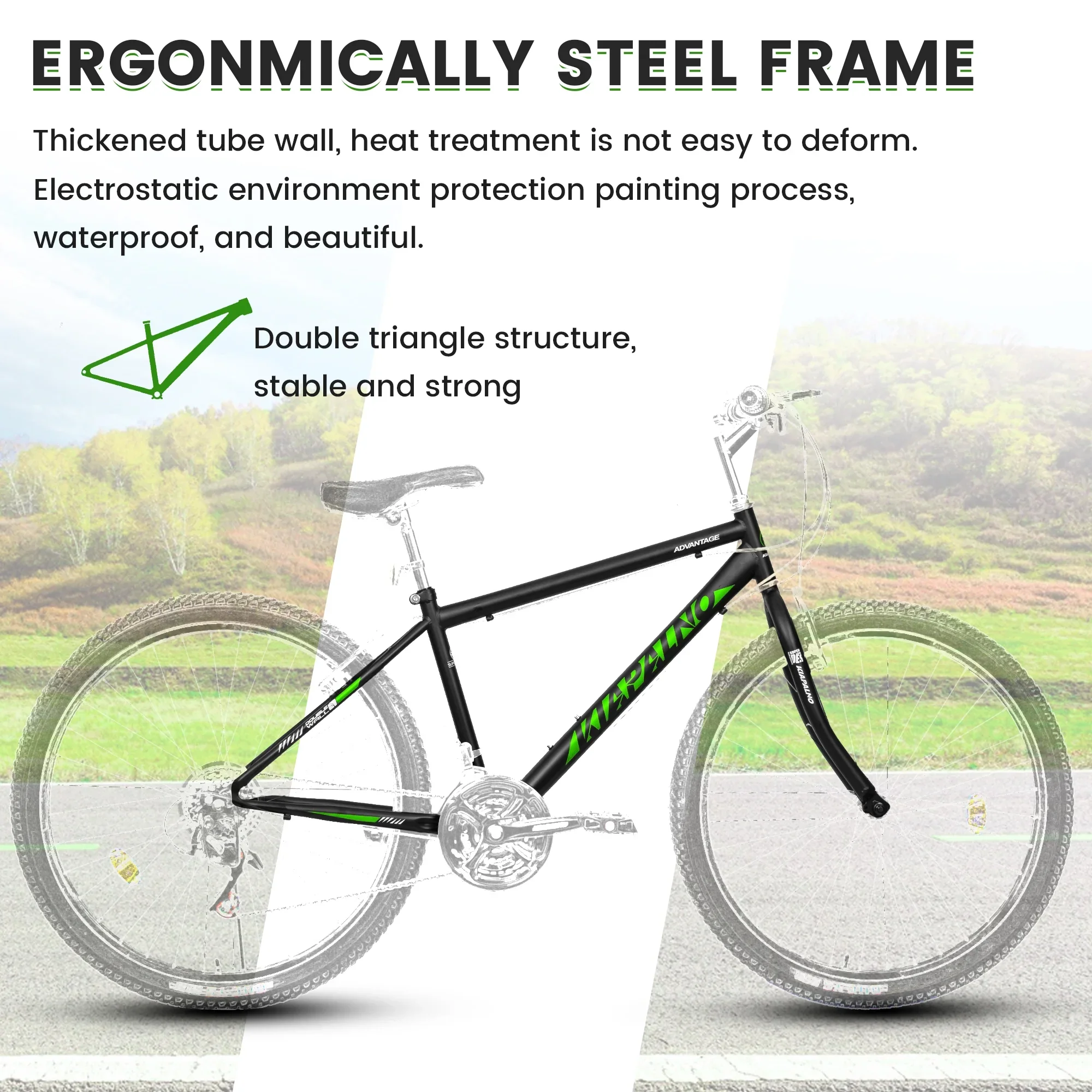 24-Inch Mountain Bike, 21-Speed Bicycle with Carbon Steel Frame & Dual V-Brakes(Black&Green)