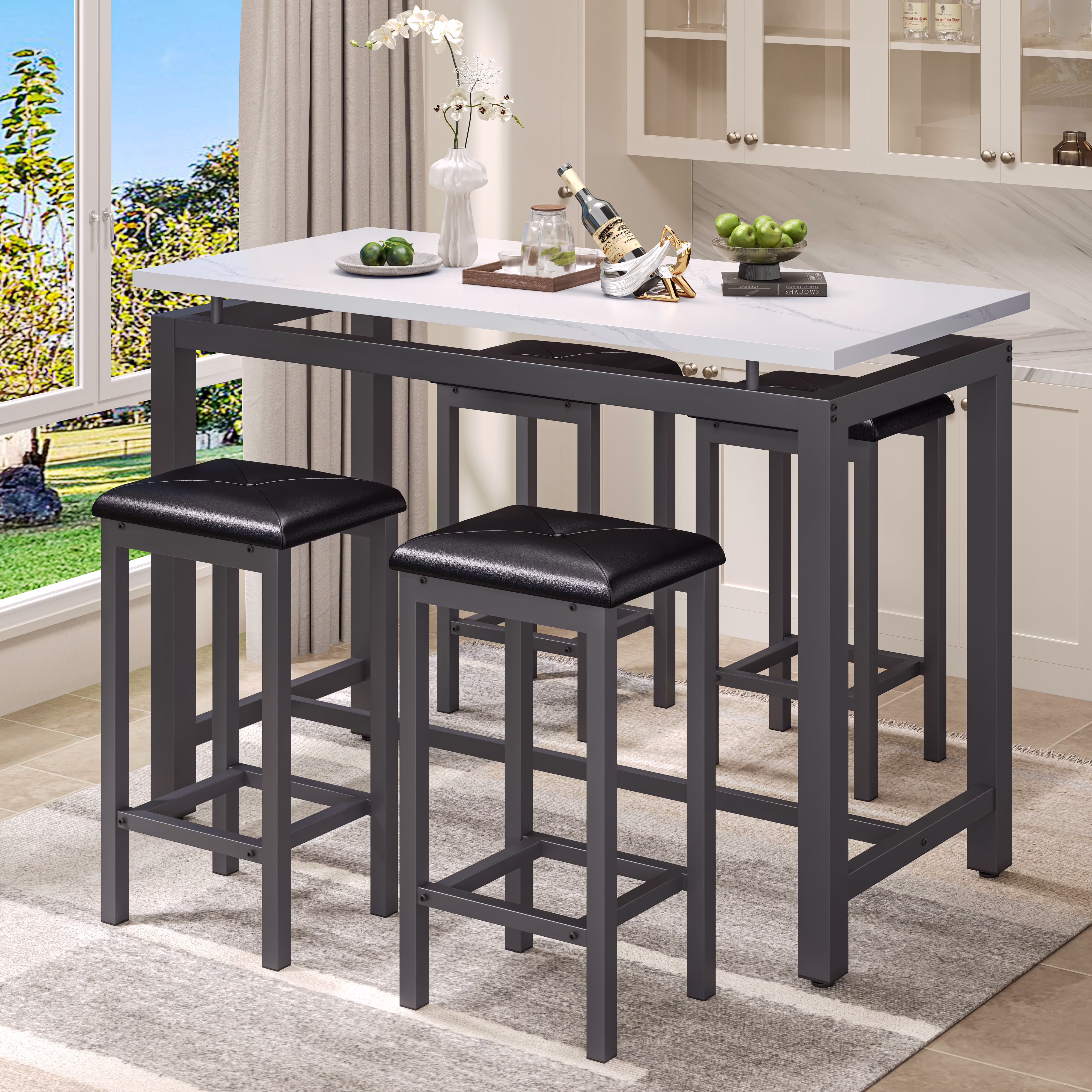 Counter Height Table Set of 5, Breakfast Bar Table and Stool Set, Minimalist Dining Table with Backless Stools, Wood Top Pub Table Chair Set for Kitchen Apartment Bistro Space Saving(White Black)