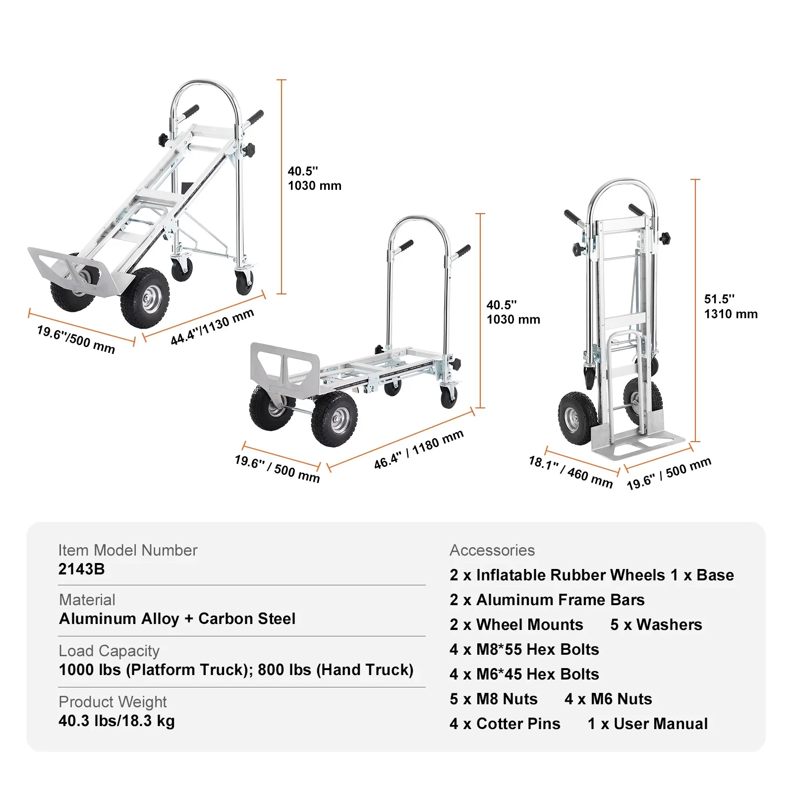 BENTISM Aluminum Hand Truck 4 in 1 Folding Dolly Cart 1000 lbs Capacity Heavy Duty