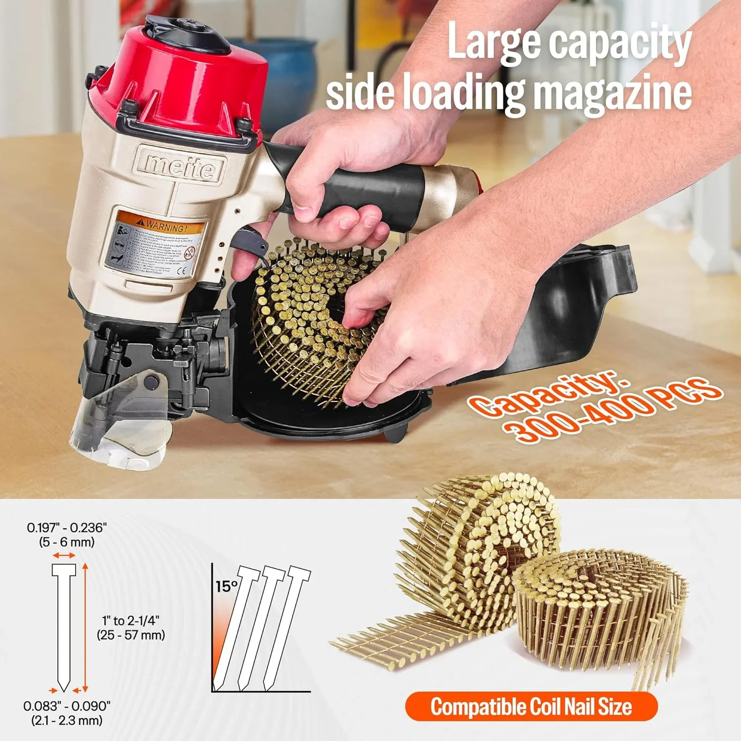 MEITE CN55 Pneumatic Coil Siding Nailer 15 Degree 1 to 2-1/4 Length Coil Nail Gun