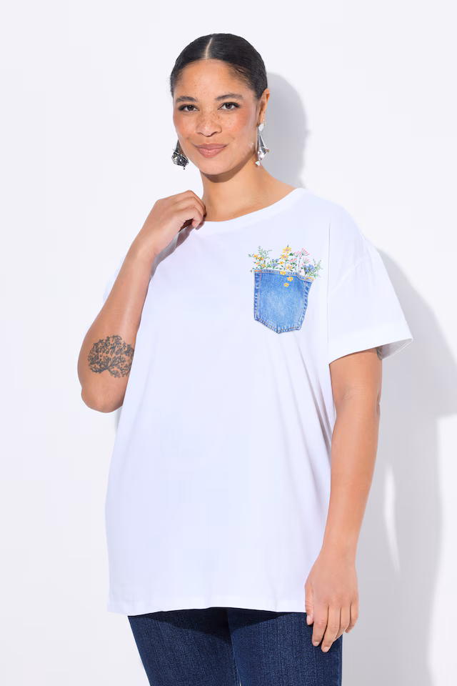 T-shirt, boxy fit, breast pocket print with glitter