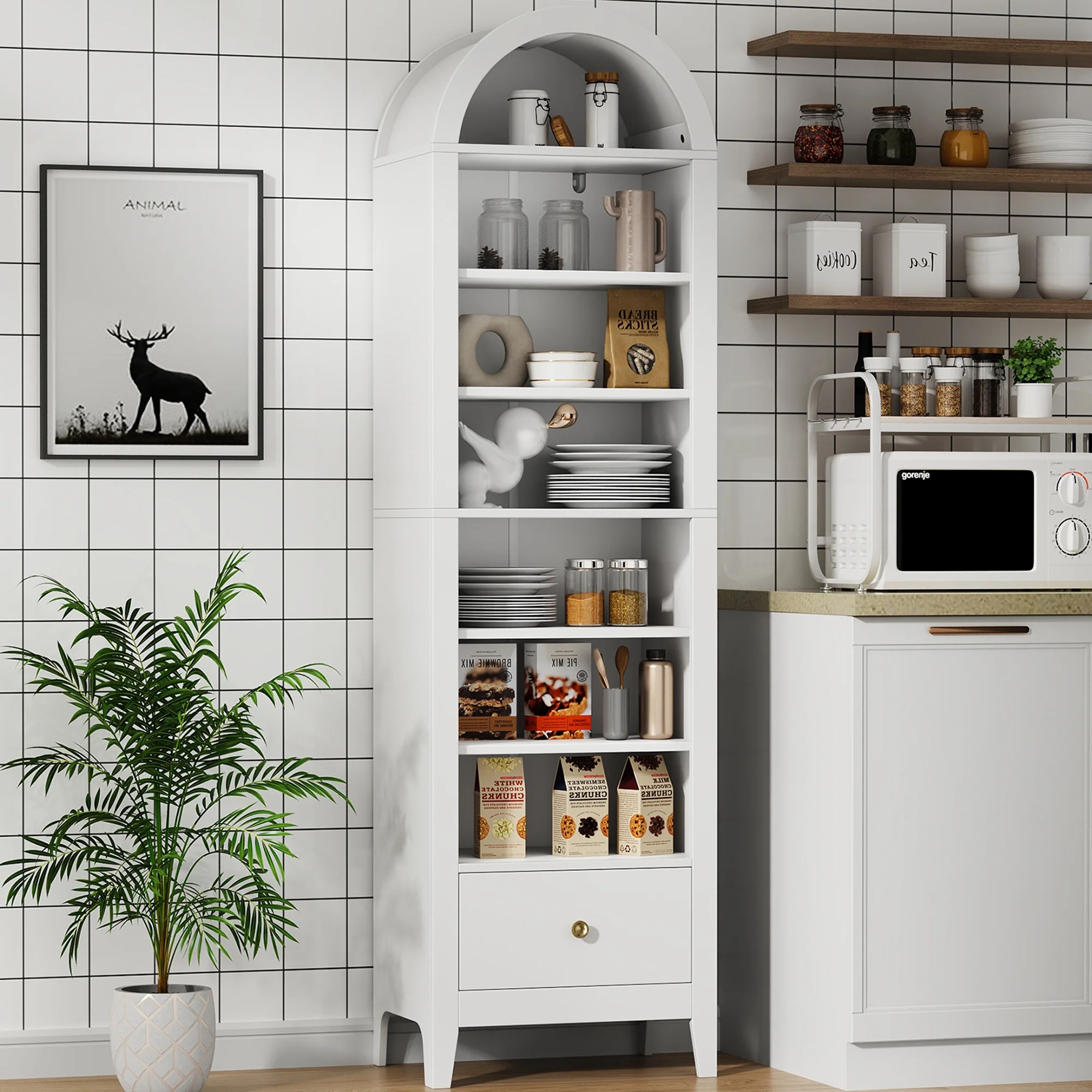 Arched Cabinet, 71" Tall Kitchen Pantry Cabinet, 8 Tiers Arched storage Cabinet with Doors and Shelves, Bookcase for Entryway, Hallway, Living Room, White(White) - Image 7