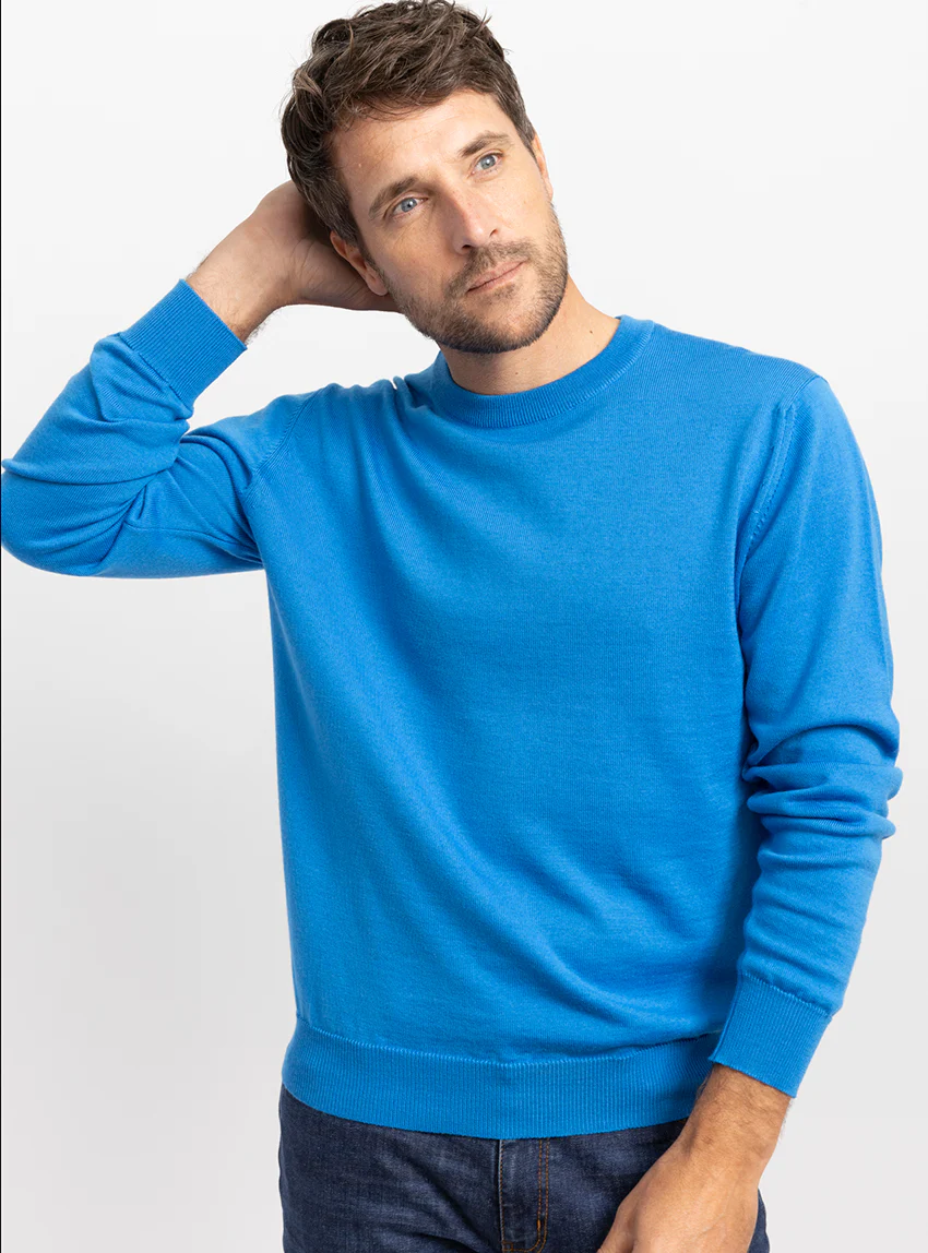 Pull homme col rond laine merinos Bleu Lumineux