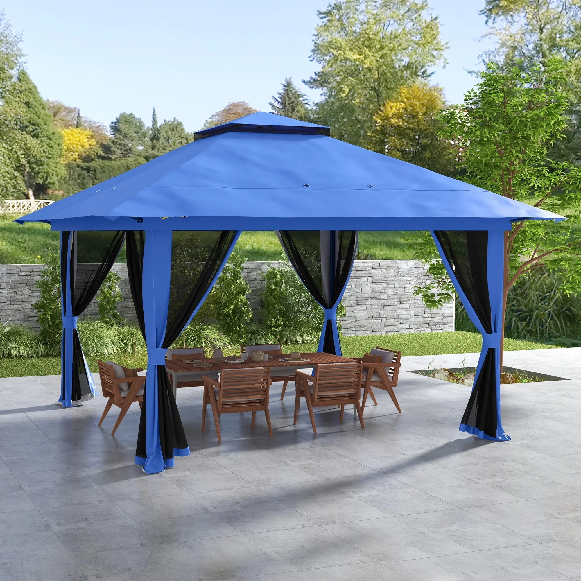 Homiyad 13' x 13' Pop Up Gazebo Instant Canopy Tent Shelter with 2-Tier Roof, Carry Bag, Wight Bags for Outdoor, Garden, Blue