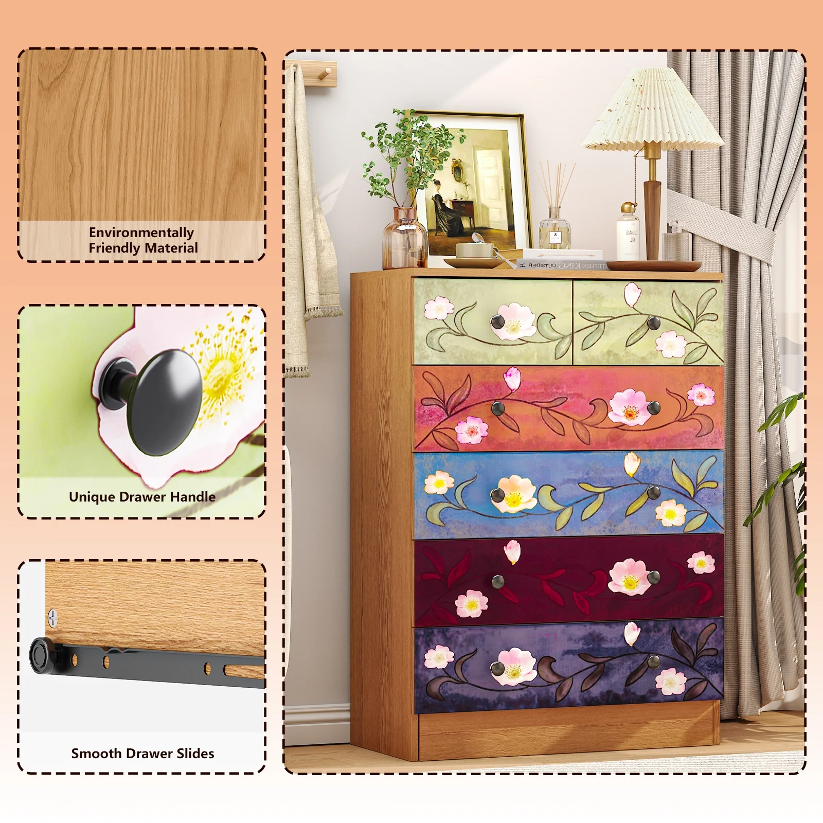 Wood 6 Drawer Dresser Organizer for Bedroom Storage Tower for Entryway Hallway Closet, Tall Chest Organizer Unit with Wood Bins, Floral Painted Wooden(Brown 5 Layer 6 Drawers) Image 7