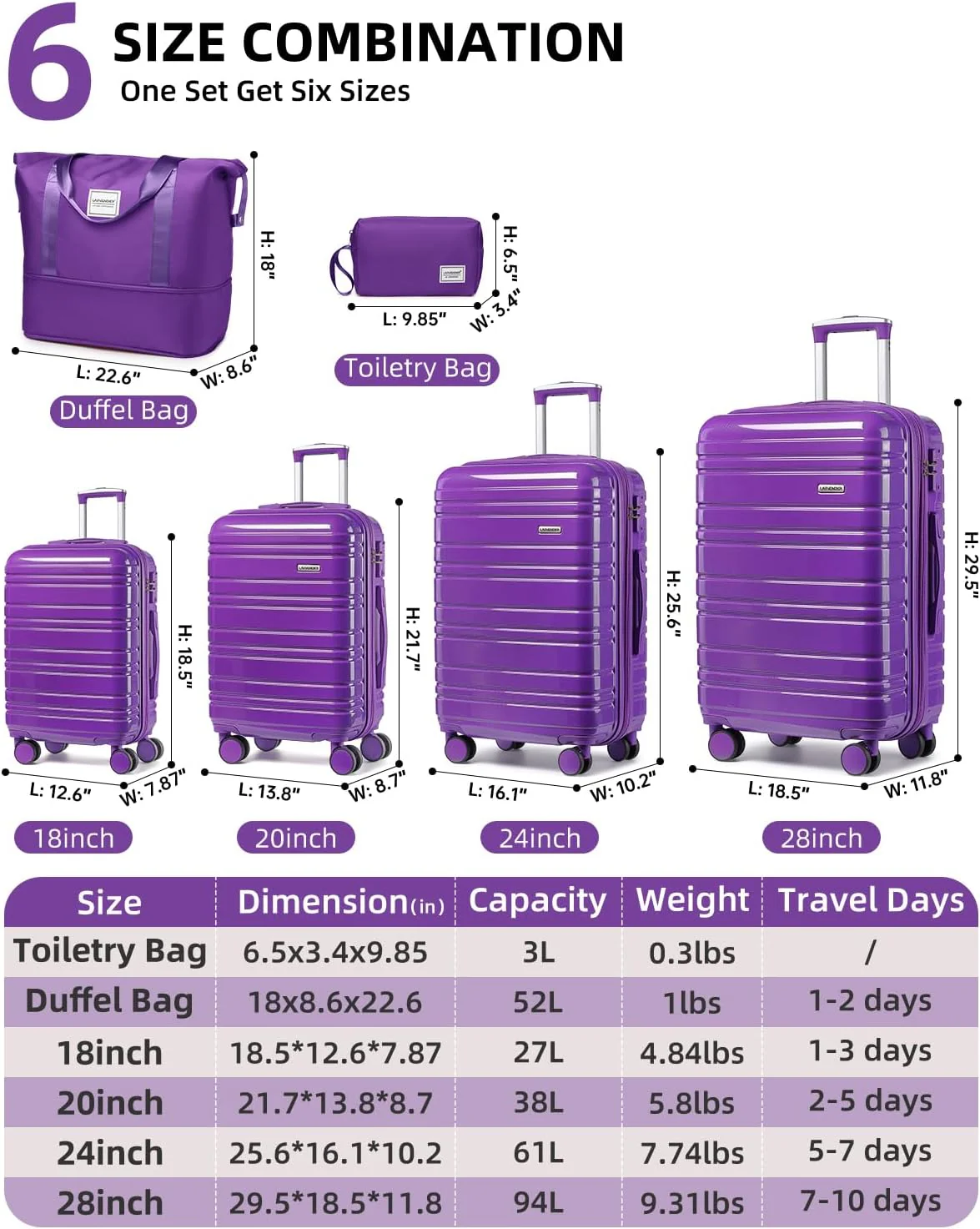 Ensemble de 6 valises, ensemble de valises rigides extensibles avec roulettes multidirectionnelles, ensemble de bagages à roulettes légers