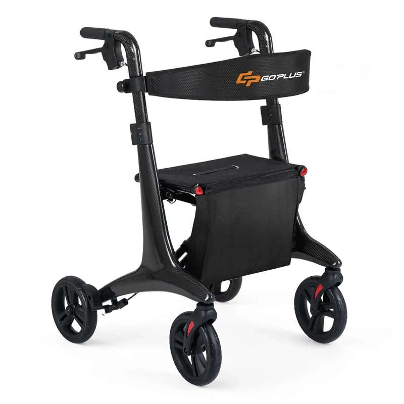Ultralight Carbon Fiber Rollator Walker for Seniors, Foldable Rolling Walker with Seat, 8" Wheels, Adjustable Handles & Backrest, Storage Bag