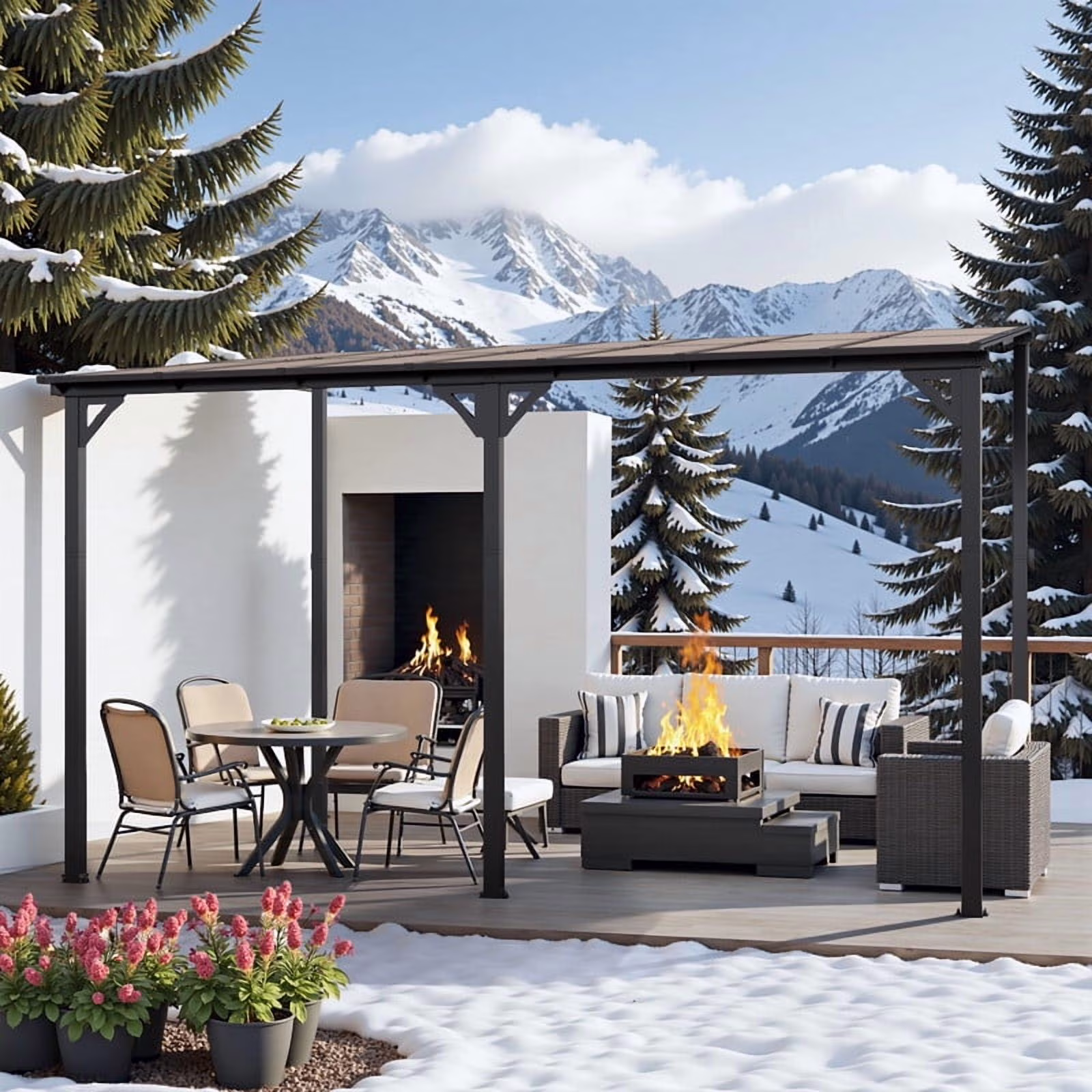 10 x 14 FT Outdoor Gazebo Wall Mounted Lean to Gazebo Pergola with Polycarbonate Roof Heavy Duty Metal Patio Awnings with Aluminum Frame for Patio, Backyard, Deck(10' x 14')