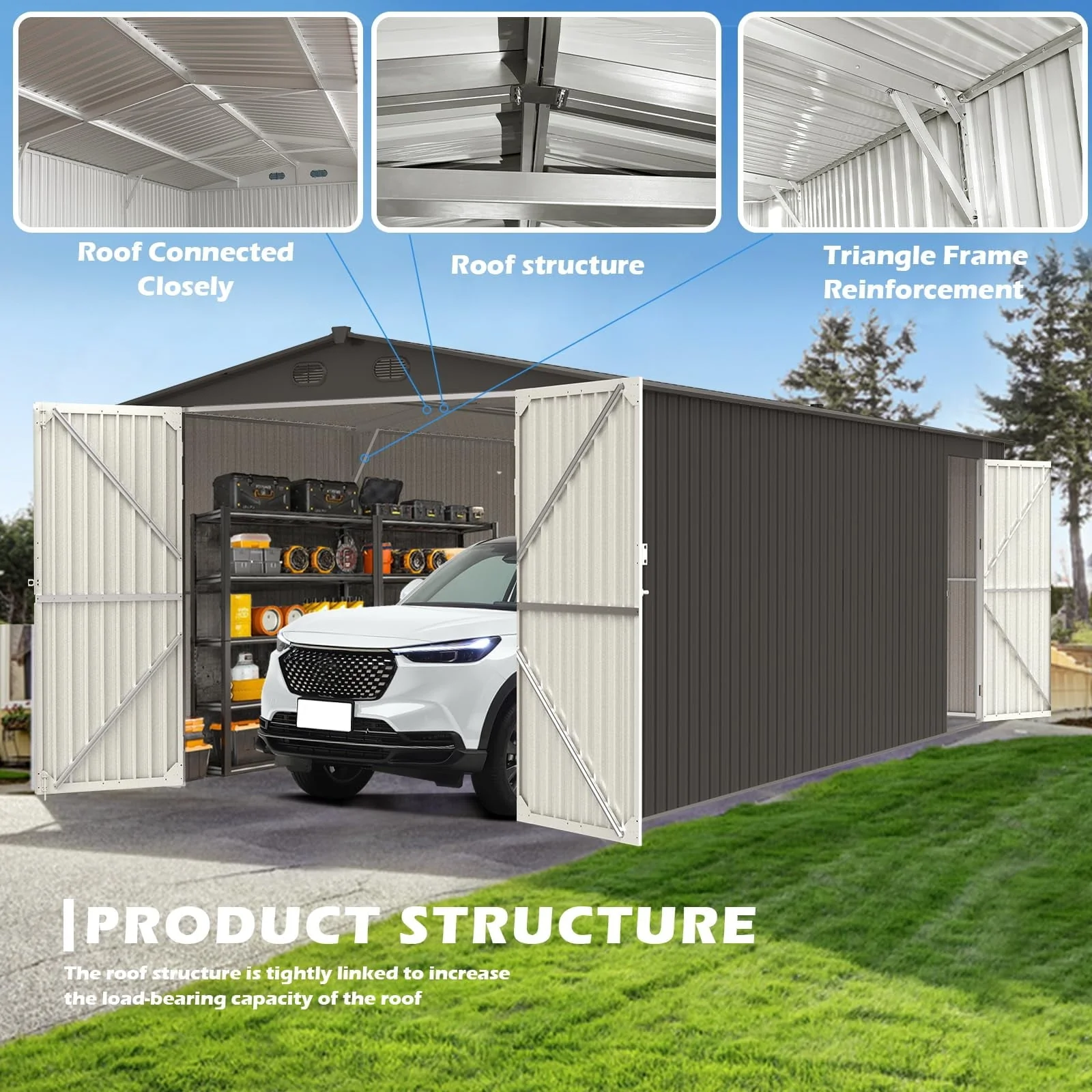 13 Ft. X 20 Ft. Dark Grey Metal Garden Storage Shed Building Car Garage(6' x 8' FT) - Image 3