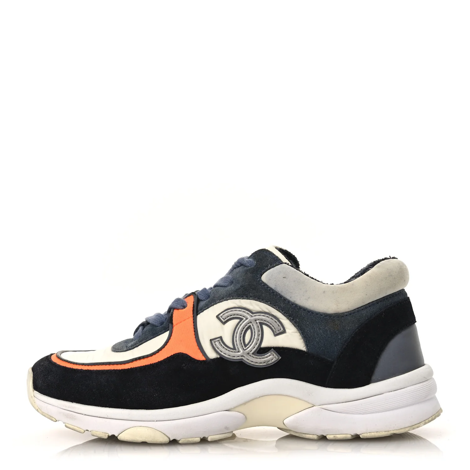 Nylon Calfskin Suede CC Womens Sneakers 35.5 Navy White Orange Black