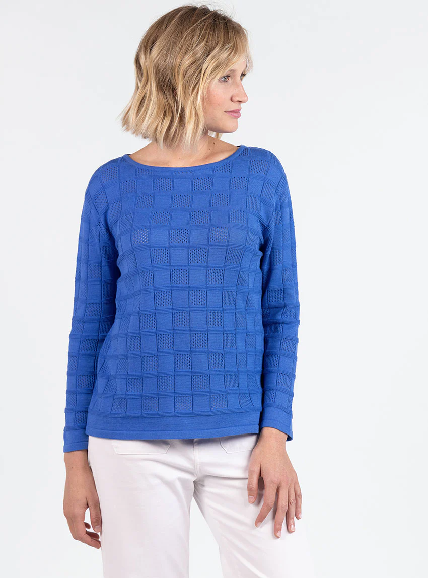 Pull femme ajouré en coton bleu atlantique