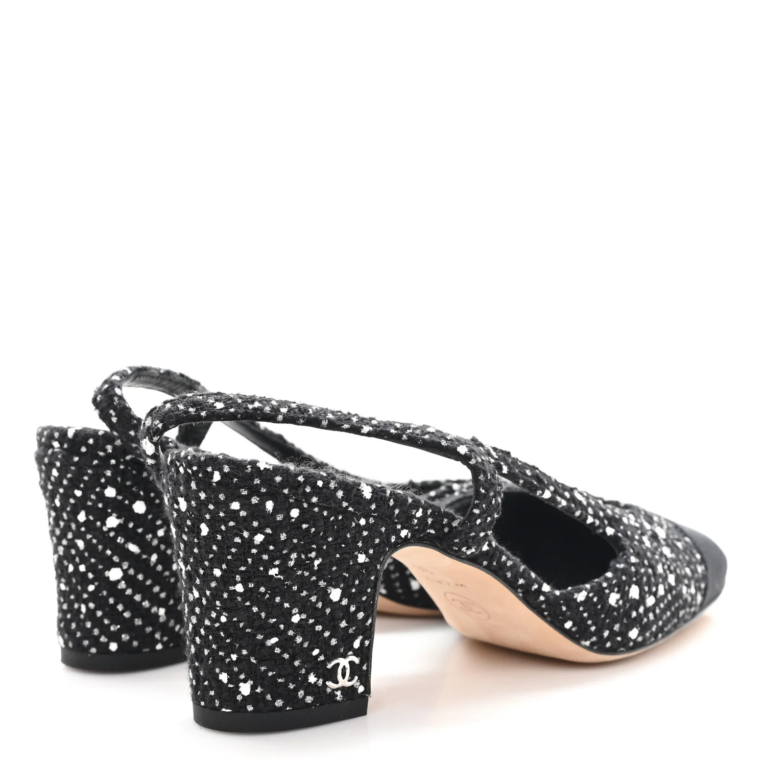 Tweed Polkadot Grosgrain Cap Toe CC Slingback Pumps 36 Black White Silver