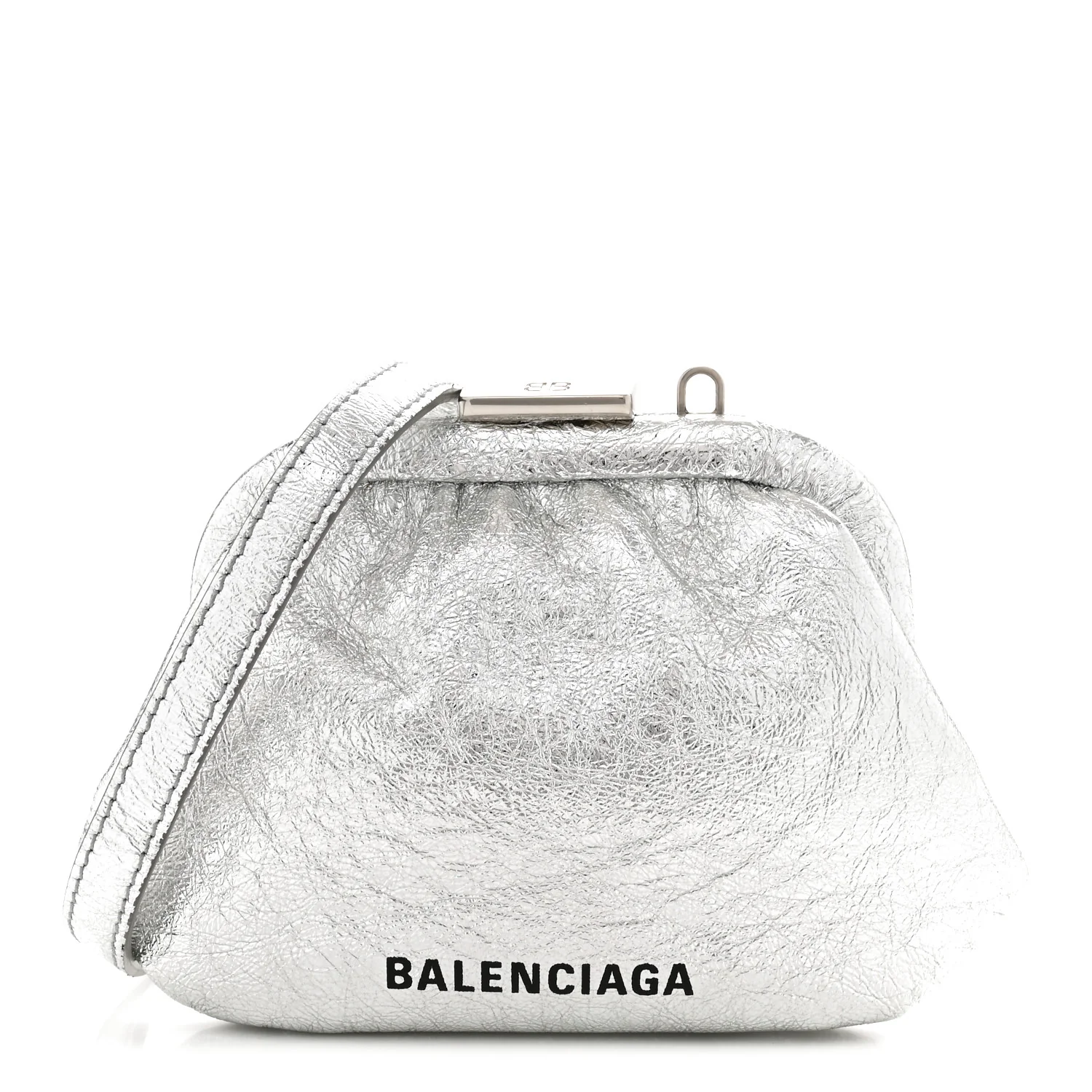 Metallic Textured Calfskin Logo Cloud Coin Purse With Strap Silver