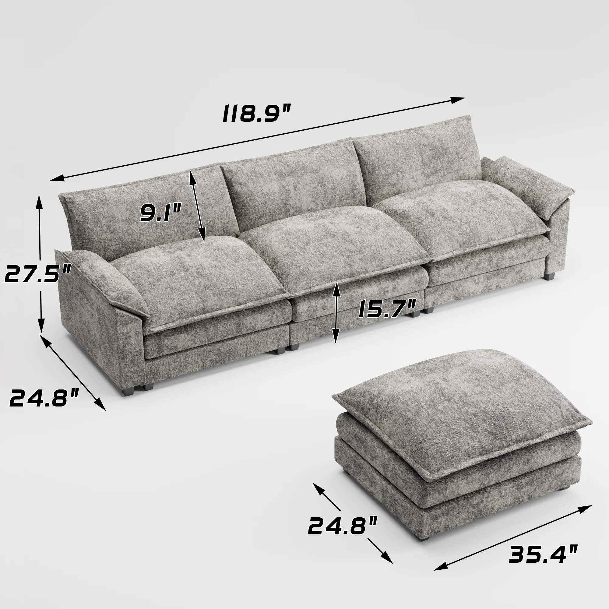 Sectional Sofa 3-seat L-shaped Sofa with reversible toffee chair Movable Footrest Sofa,Gray(Gray) - Image 7