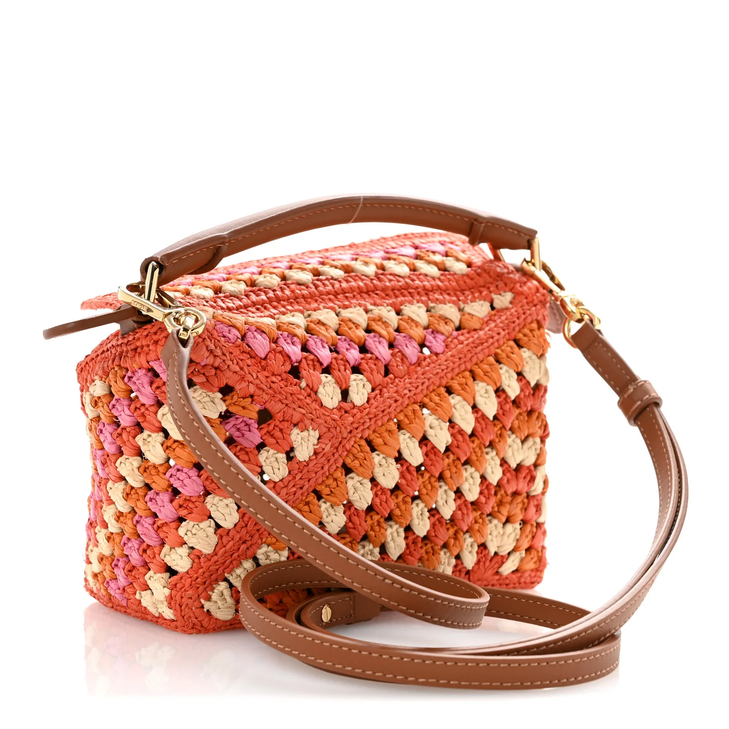 Raffia Crochet Paula's Ibiza Mini Puzzle Edge Bag Bright Orange Pink