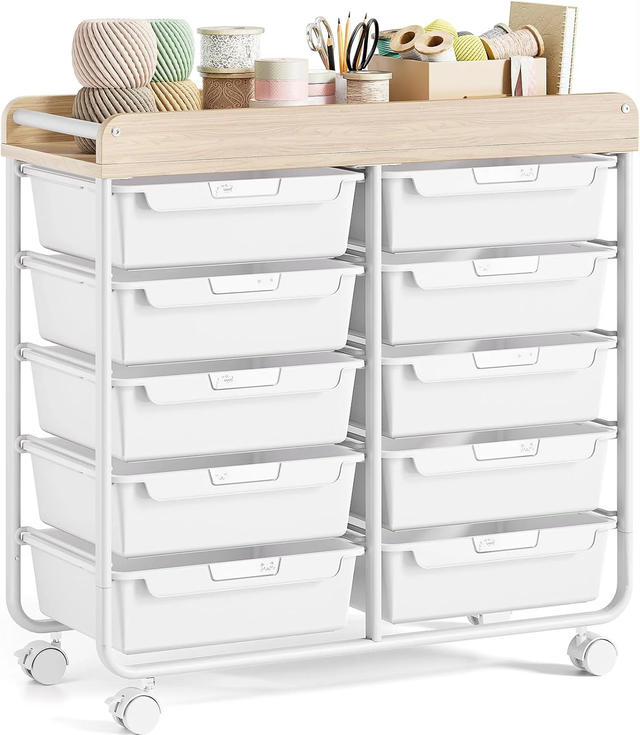 Rolling Storage Cart with 10 Large Drawers & Wooden Top, Utility Organizer Cart on Wheels for Crafts, Art Supplies, Home Office & Classroom