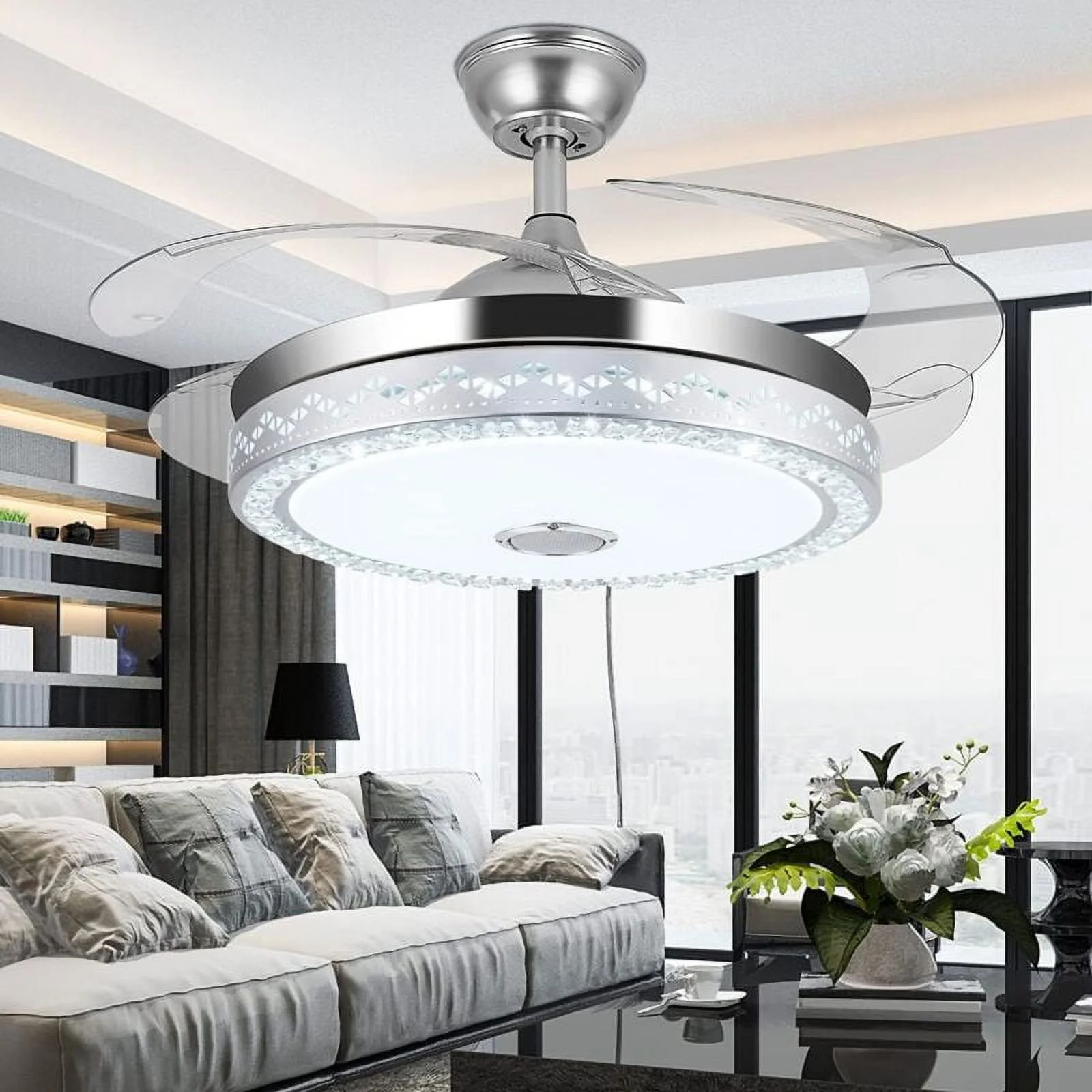 42"Invisible Chandelier Ceiling Fan with Light and Bluetooth Speaker,Modern 3 Color Change Crystal Ceiling Fan Light with Remote Control 4 Retractable ABS Blades