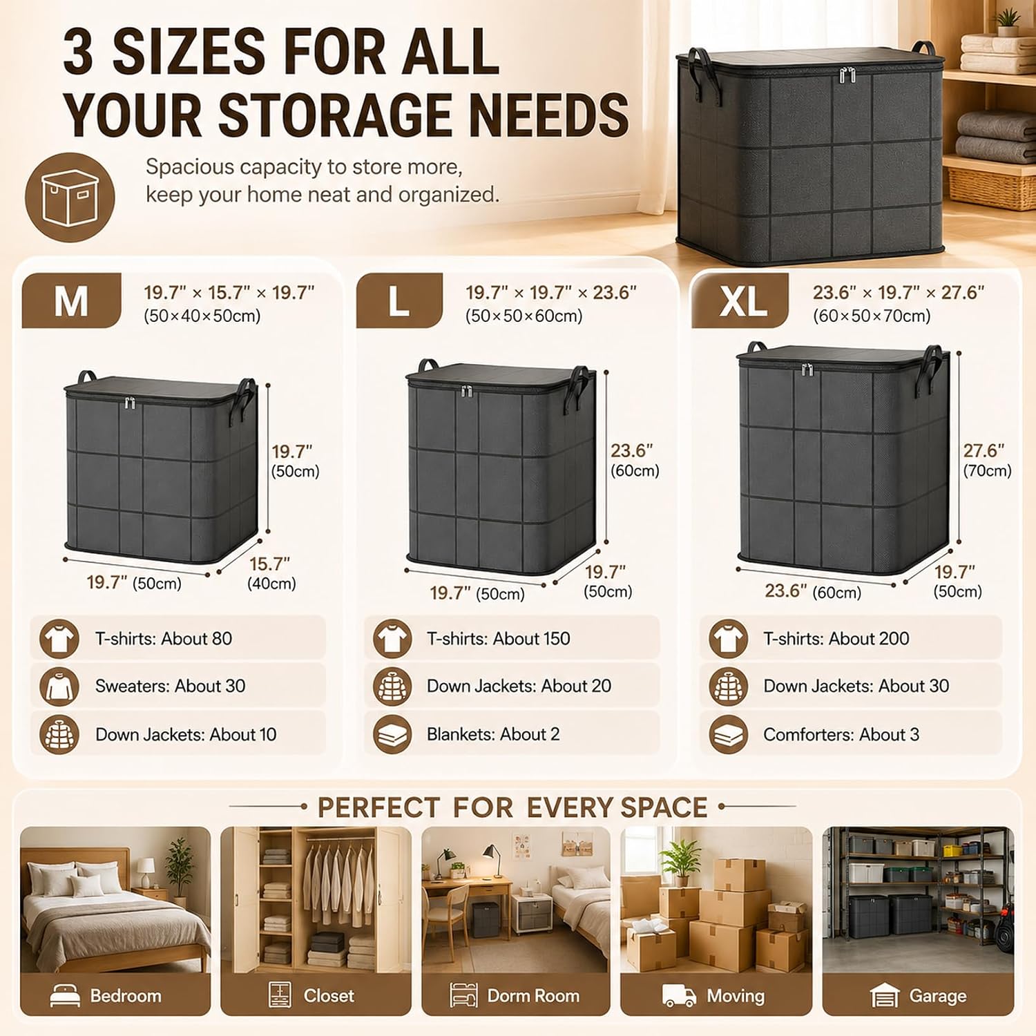 210L Spacious Moving Storage Bin, Large Zippered Fabric Organizer with Reinforced Handles, Foldable Blanket Storage Bag for Bedding, Clothes, Quilts, Comforters and Moving Day，3：L: 19.7x23.6 in
