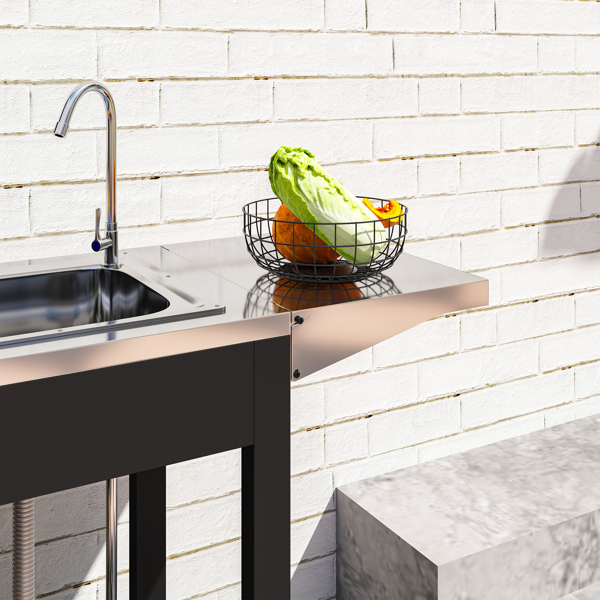 Outsunny Grillwagen Serveerwagen met Werkblad, Uitklapbare Zijplank, Kast, Spoelbak, Wielen, Roestvrij Staal 162,5x47x87cm Zwart