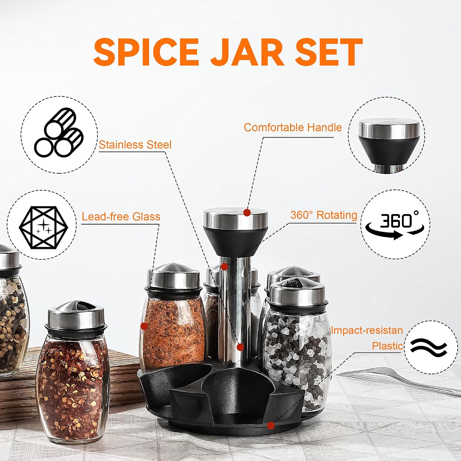 Mlici 6 Pack Spinning Glass Spice Jars with Organizer Rack for Countertop