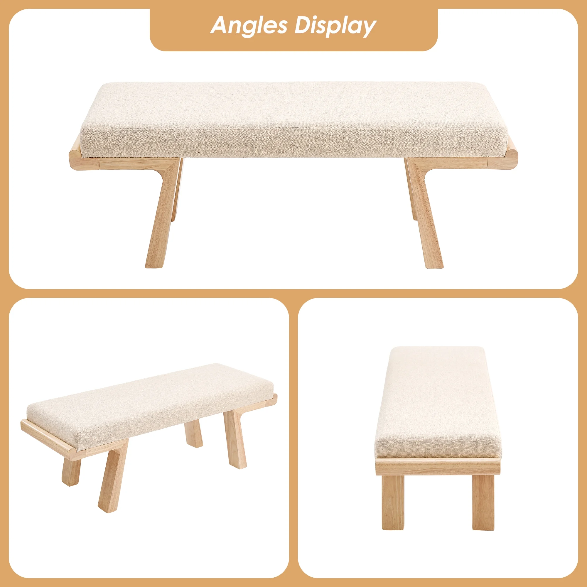 47.4" Linen Upholstered Bench, Entryway Bench with Solid Wood Legs, Modern Ottoman Bench for Living Bedroom Room, Beige(Beige) - Image 6