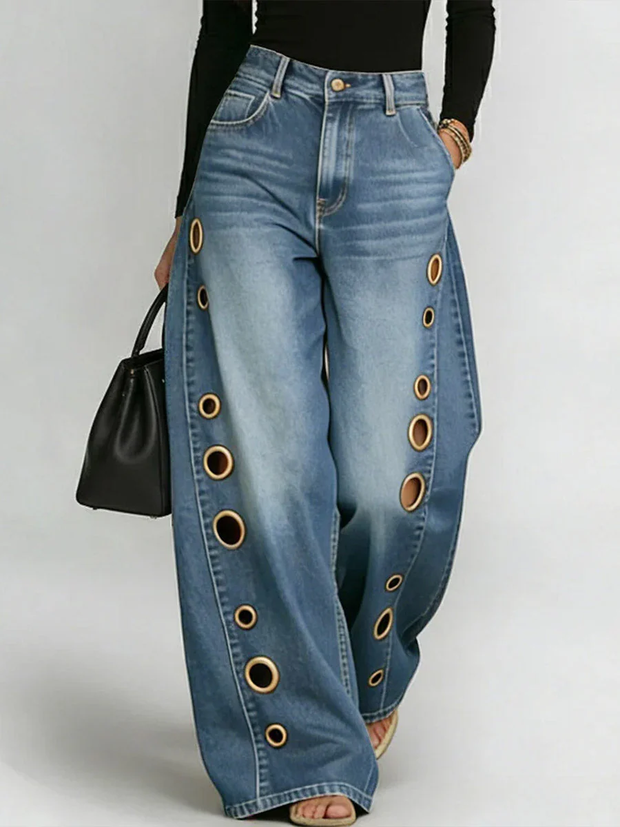 Jean décontracté large à taille haute pour femmes